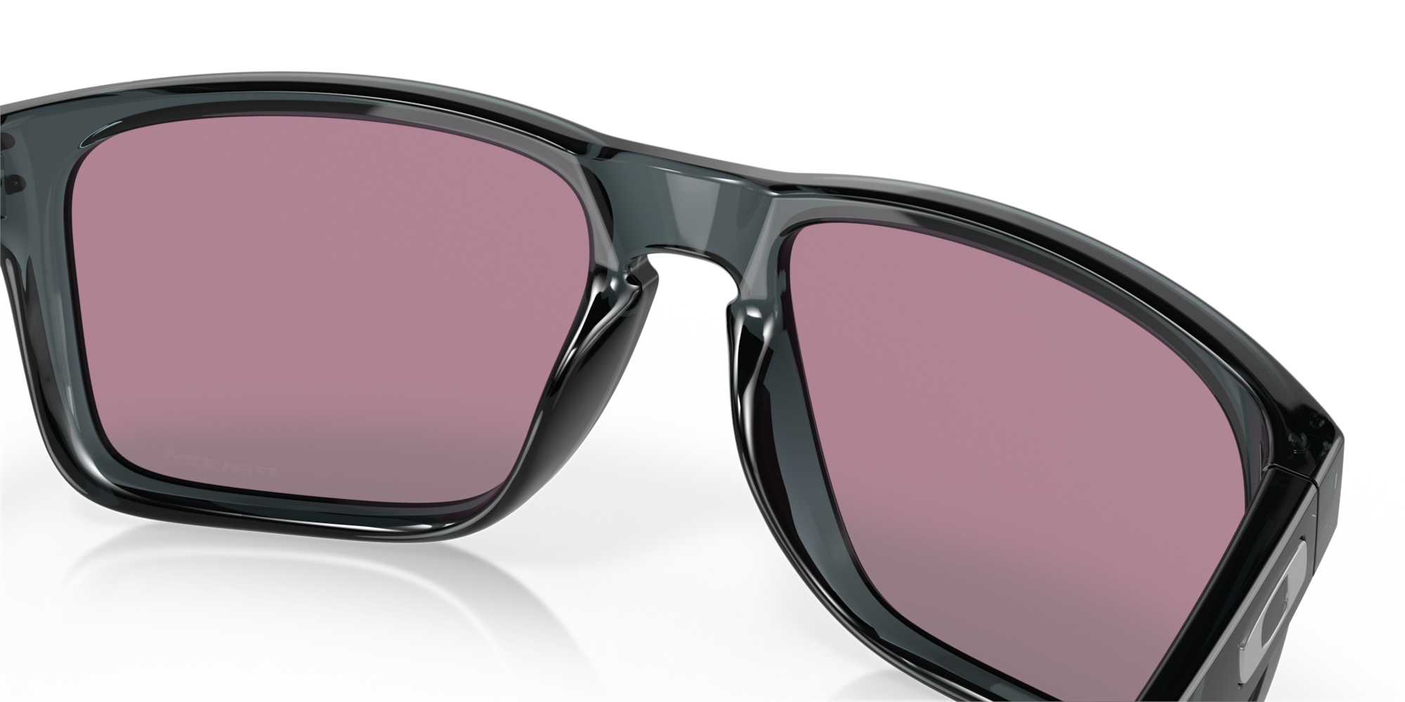Sunglasses with black frame and pink lenses on a white background
