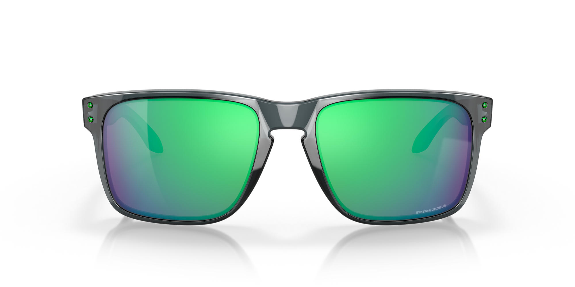 Sunglasses with green reflective lenses on a white background