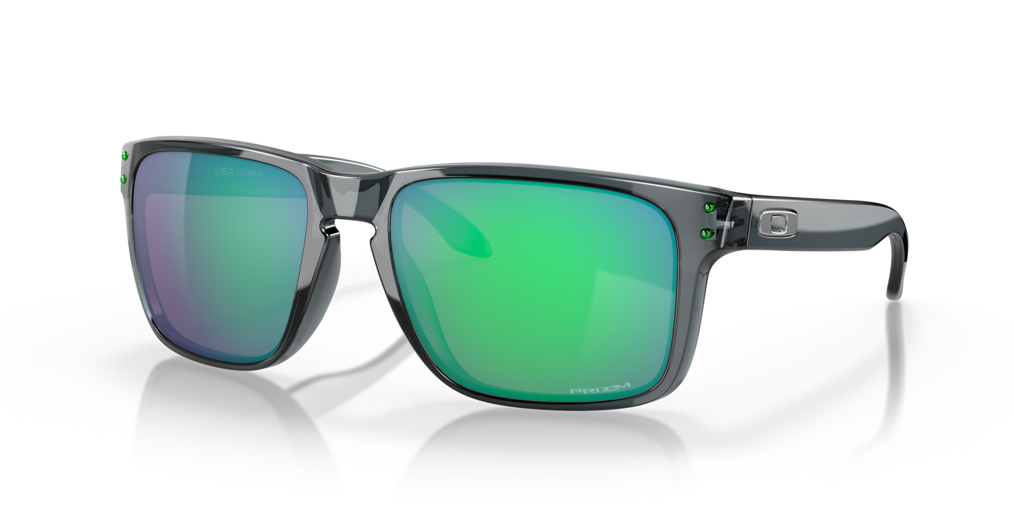 Sunglasses with green reflective lenses on a white background