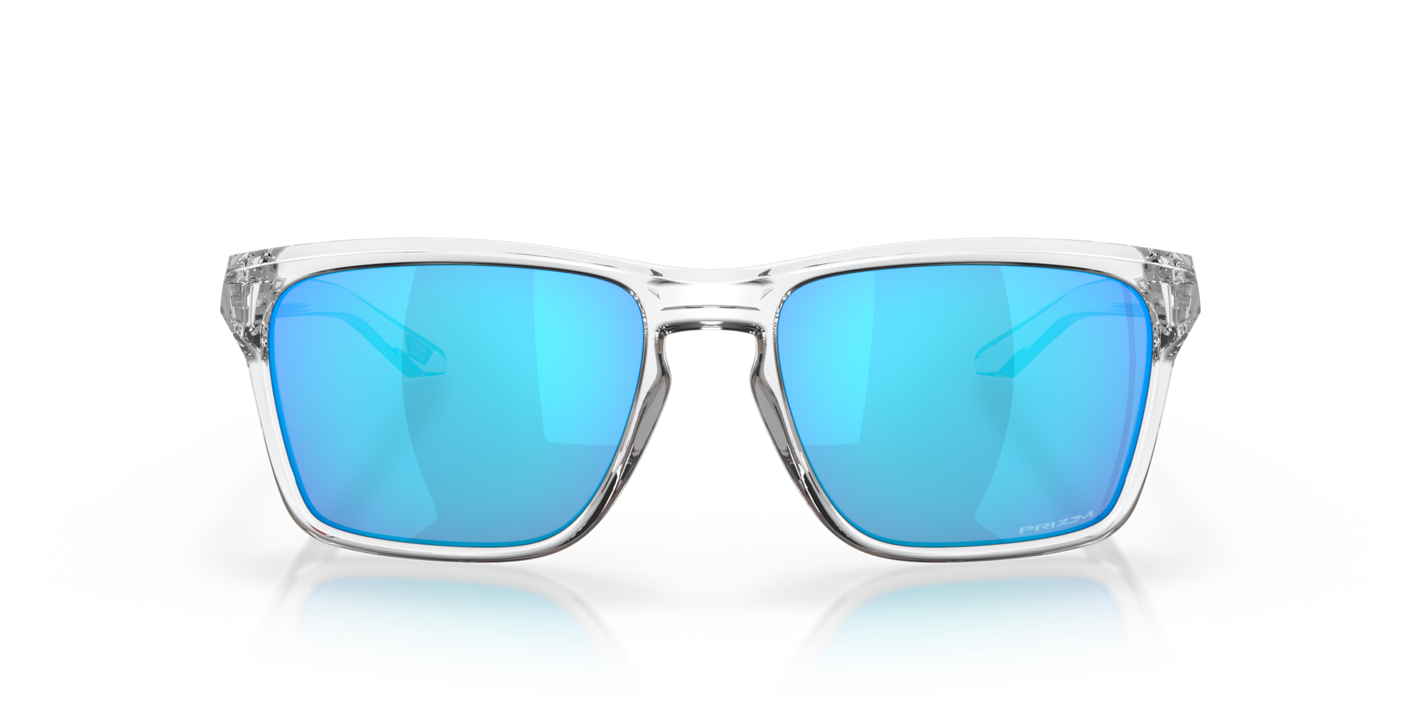 Sunglasses with blue reflective lenses and clear frame on a white background