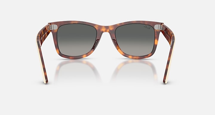 Sunglasses with tortoiseshell frame and dark lenses on a white background
