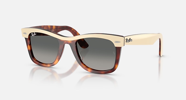 Sunglasses with tortoiseshell frame and beige accents on a white background