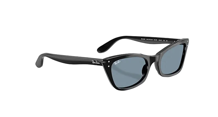 Black sunglasses with reflective lenses on a white background