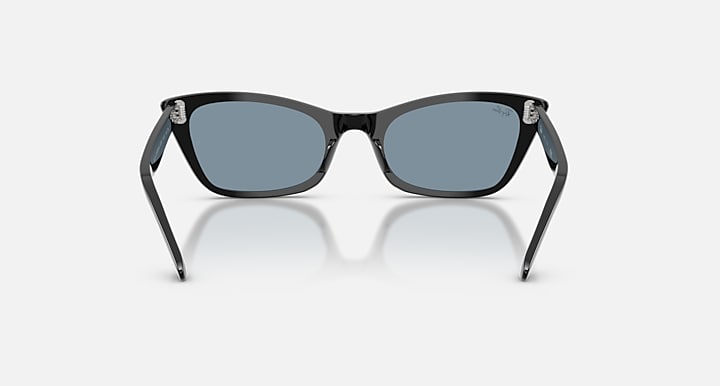 Black sunglasses with reflective lenses on a white background