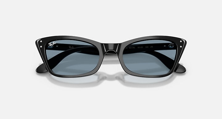 Black sunglasses with reflective lenses on a white background