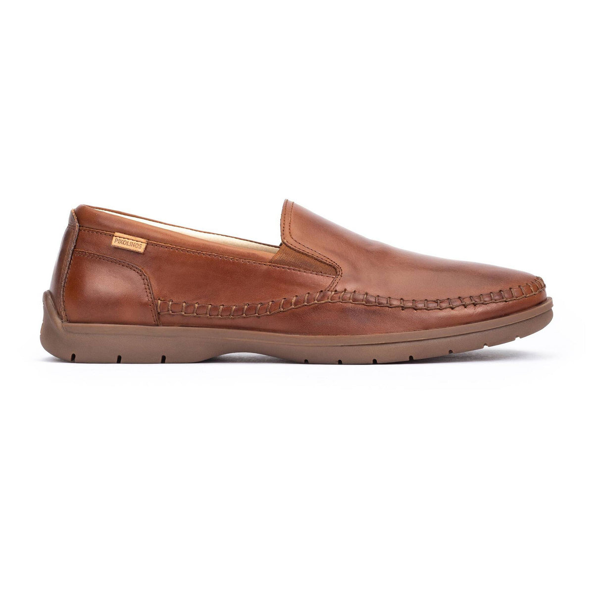 Brown leather loafer shoe on a white background