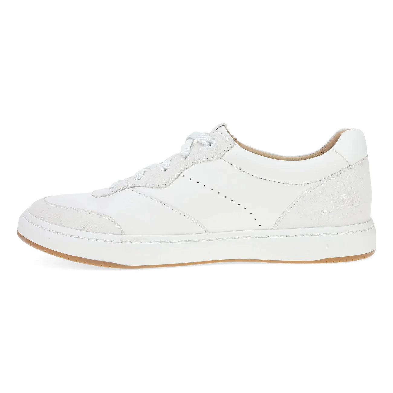 White sneaker with a brown sole on a white background