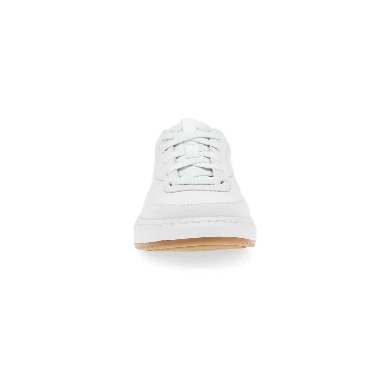 A single white leather sneaker shown from a front-facing angle against a solid white background.