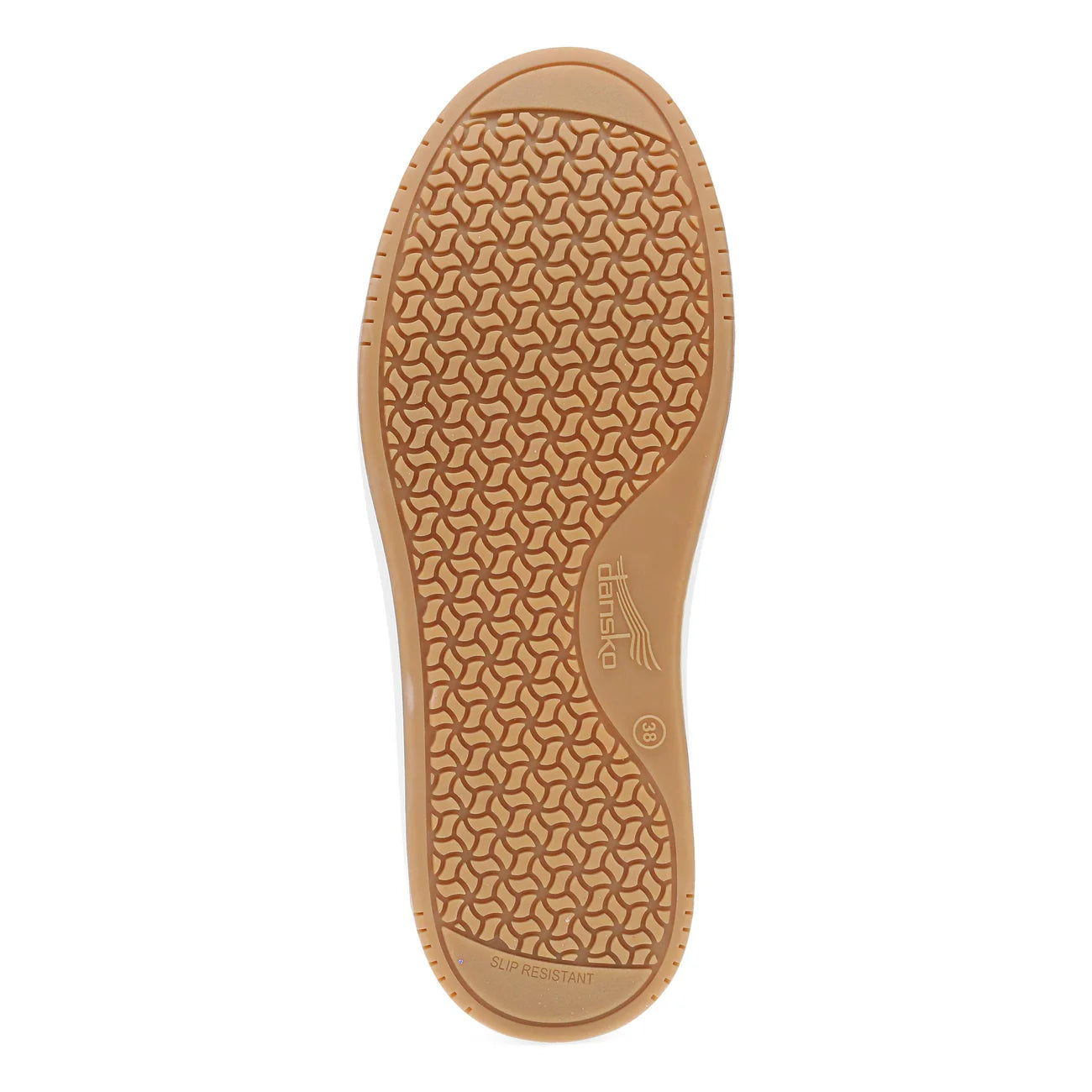 Tan shoe sole with geometric tread pattern on a white background