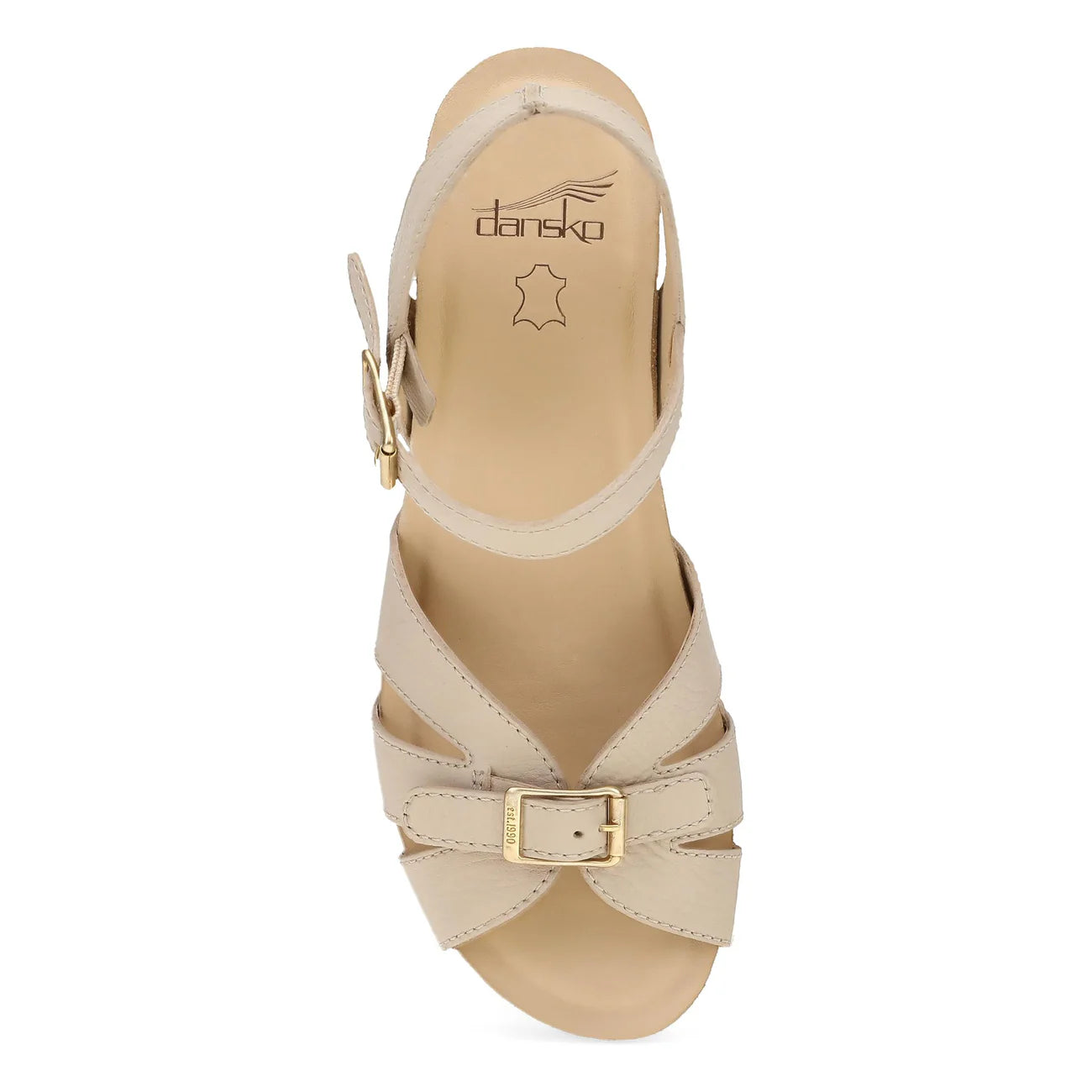 Beige sandal with a gold buckle on a white background