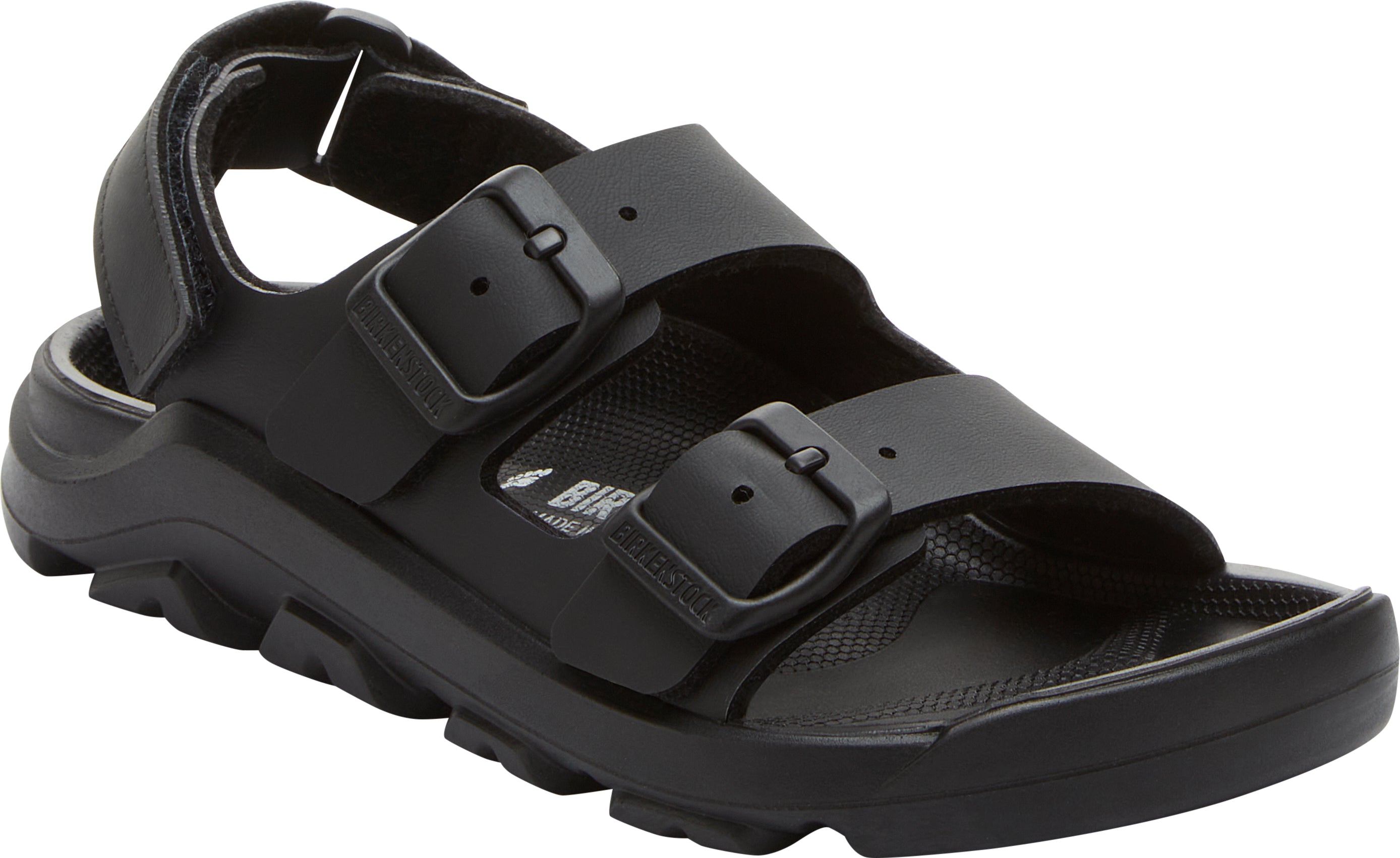 Black sandal with multiple straps on a white background