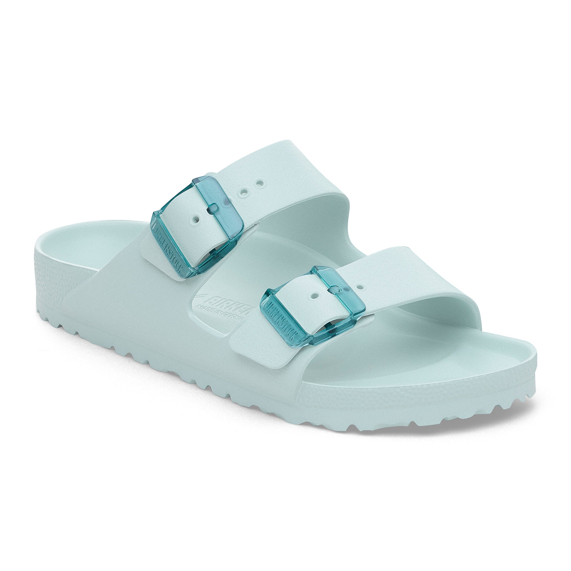 Light blue sandal with two straps on a white background