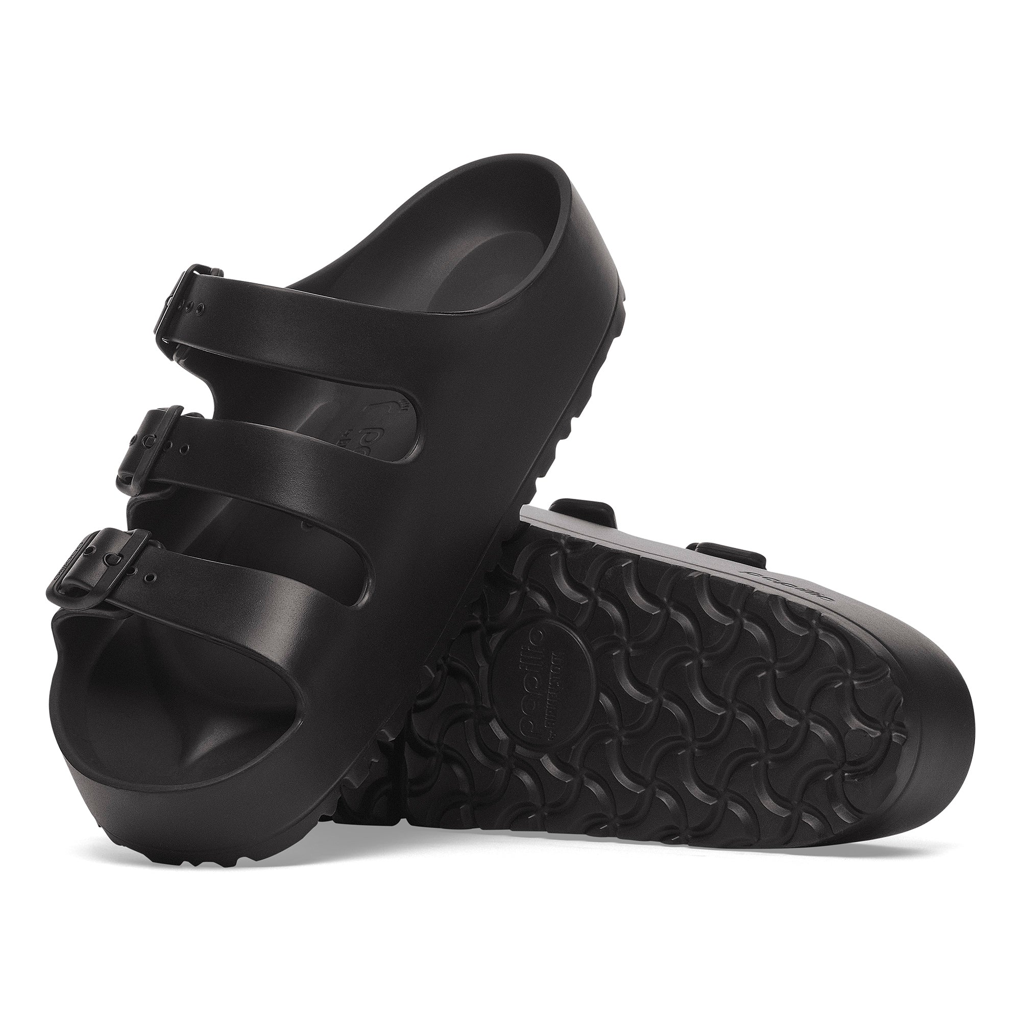 Black rubber sandals with buckle straps on a white background