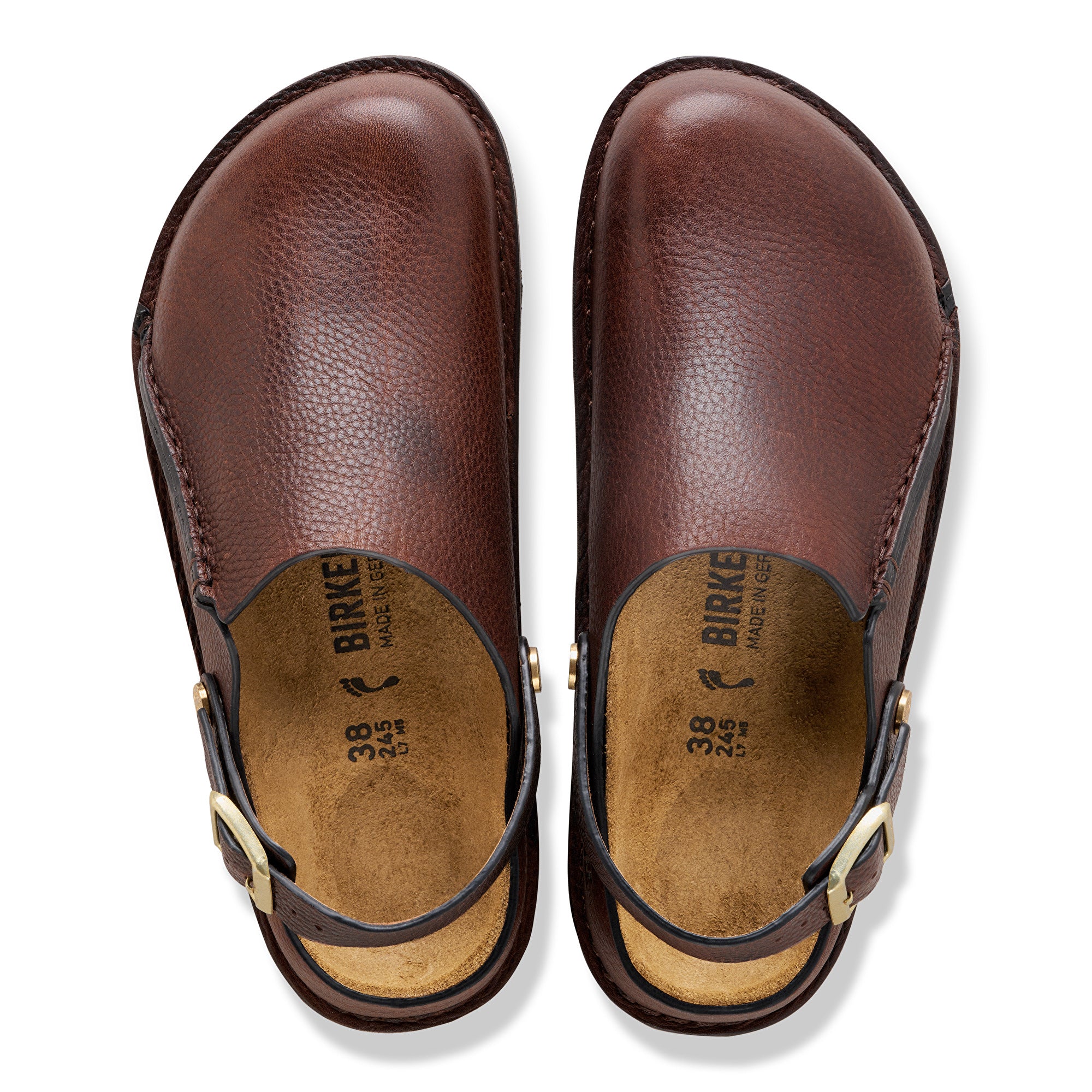 Pair of brown leather sandals with gold accents on a white background