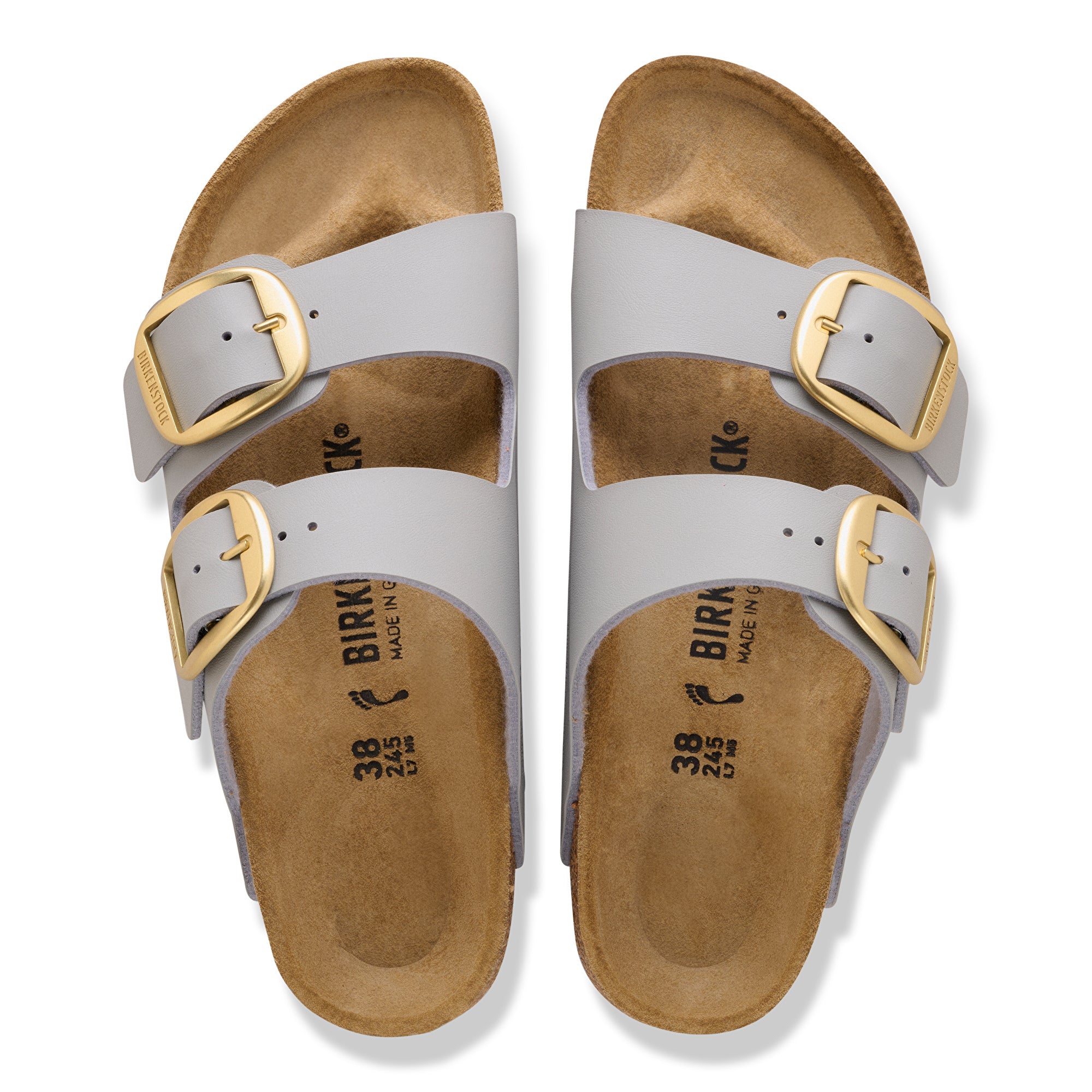 Pair of gray sandals with gold buckles on a white background