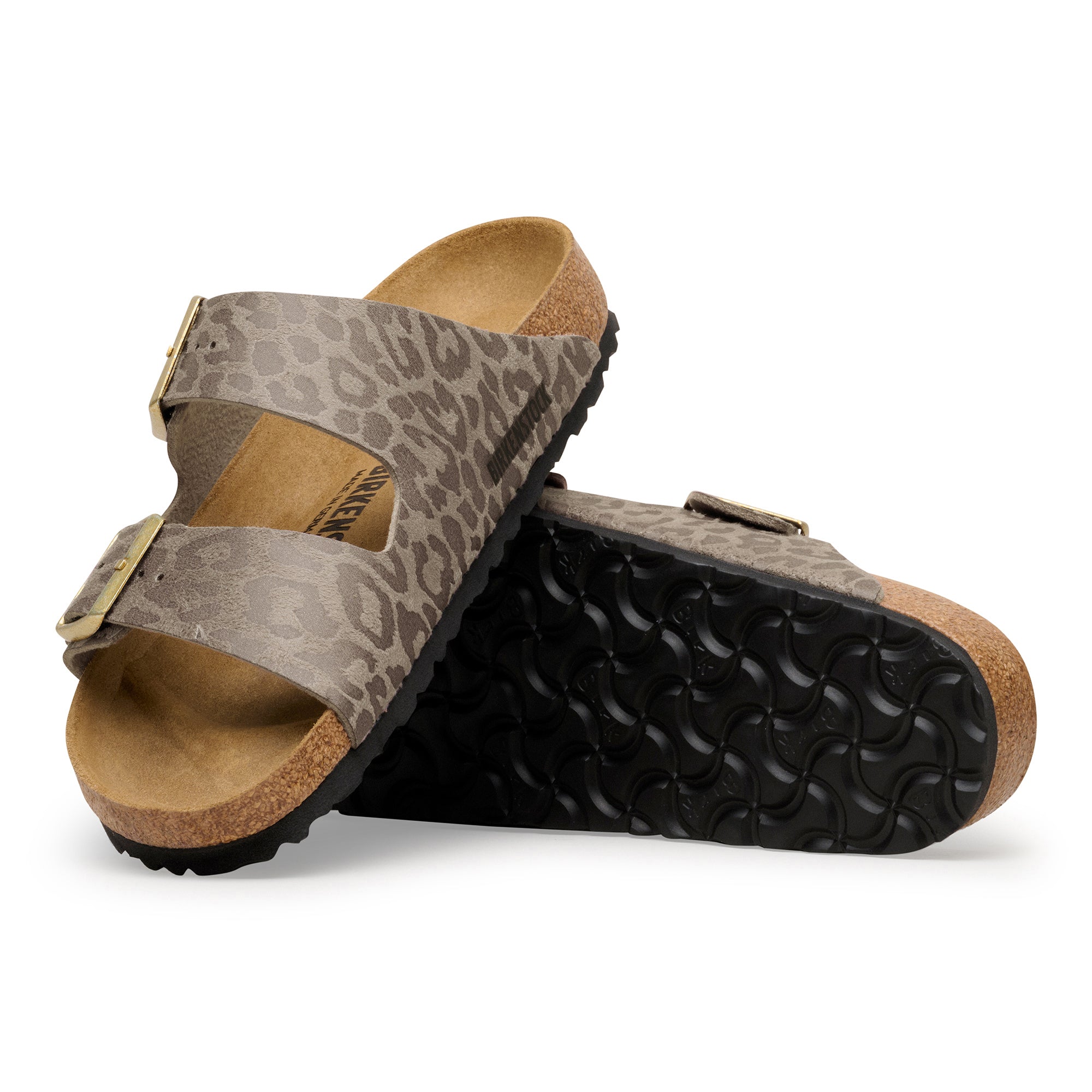 Pair of sandals with leopard print straps on a white background
