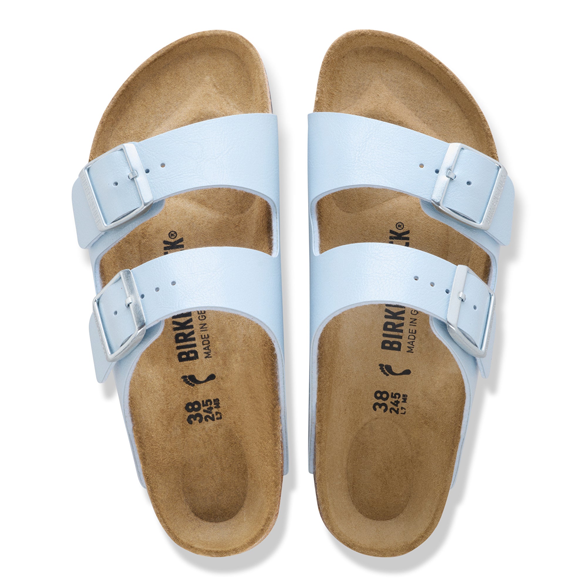 Pair of light blue Birkenstock sandals with tan soles on a white background