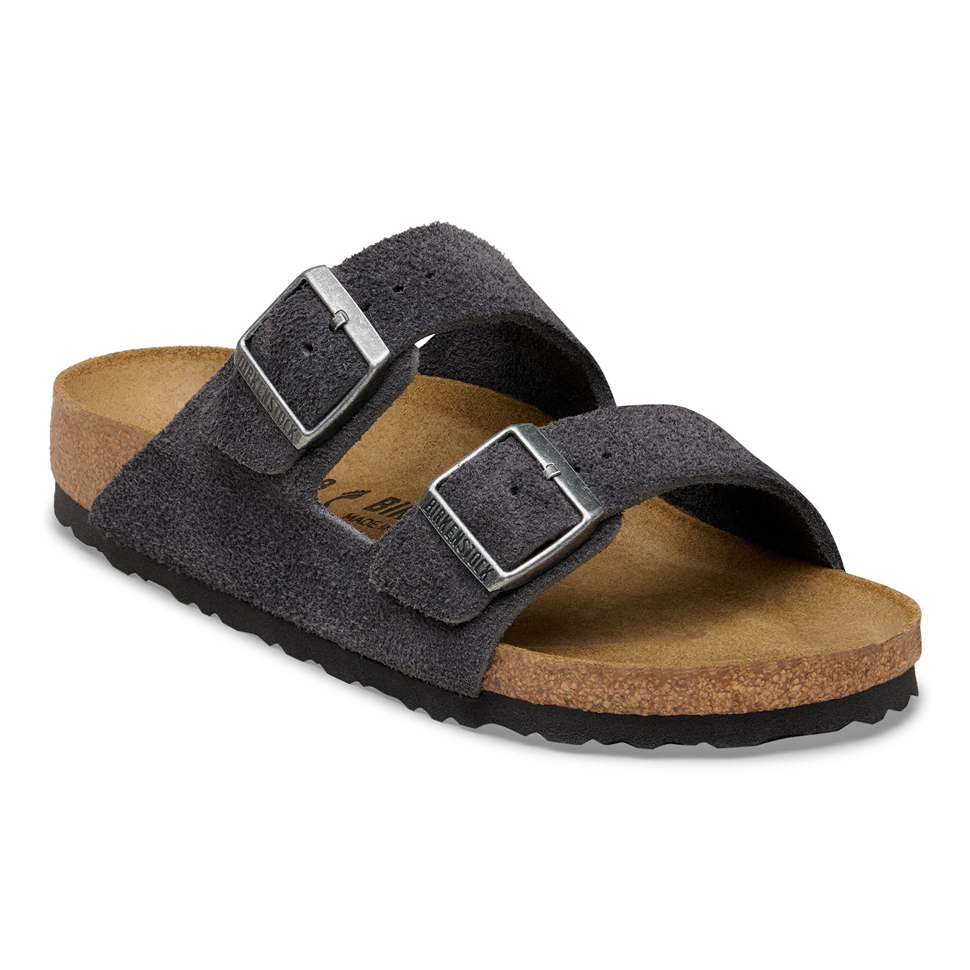 Gray sandal with cork sole on a white background