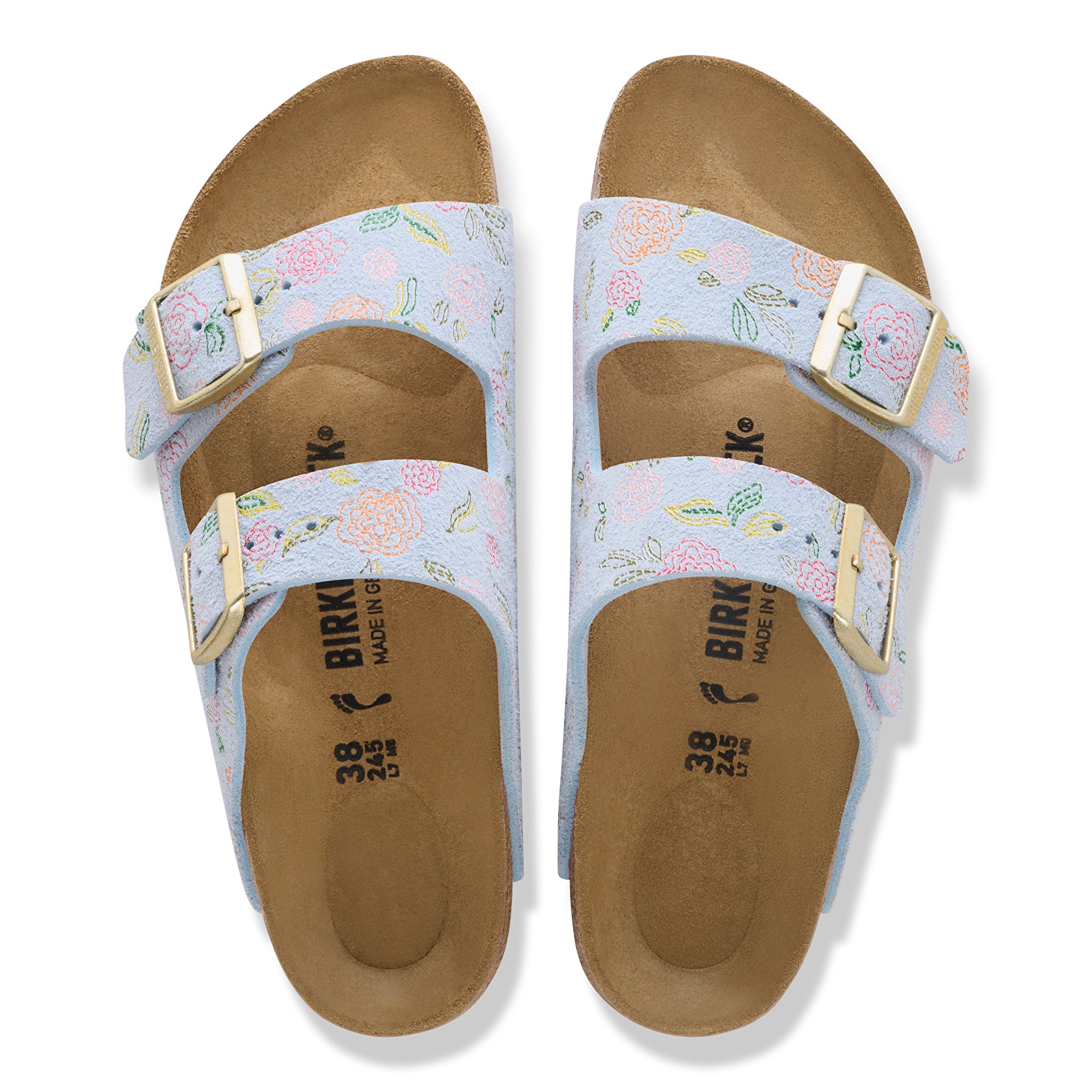 Pair of Birkenstock sandals with floral design on a white background