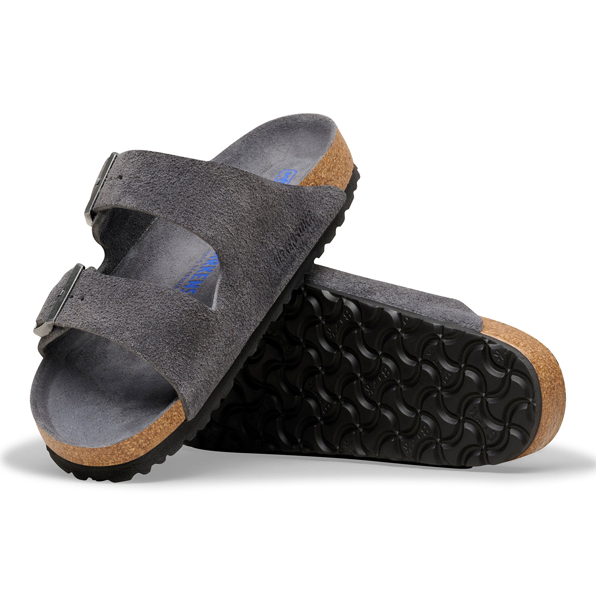 Gray sandals with cork sole on a white background