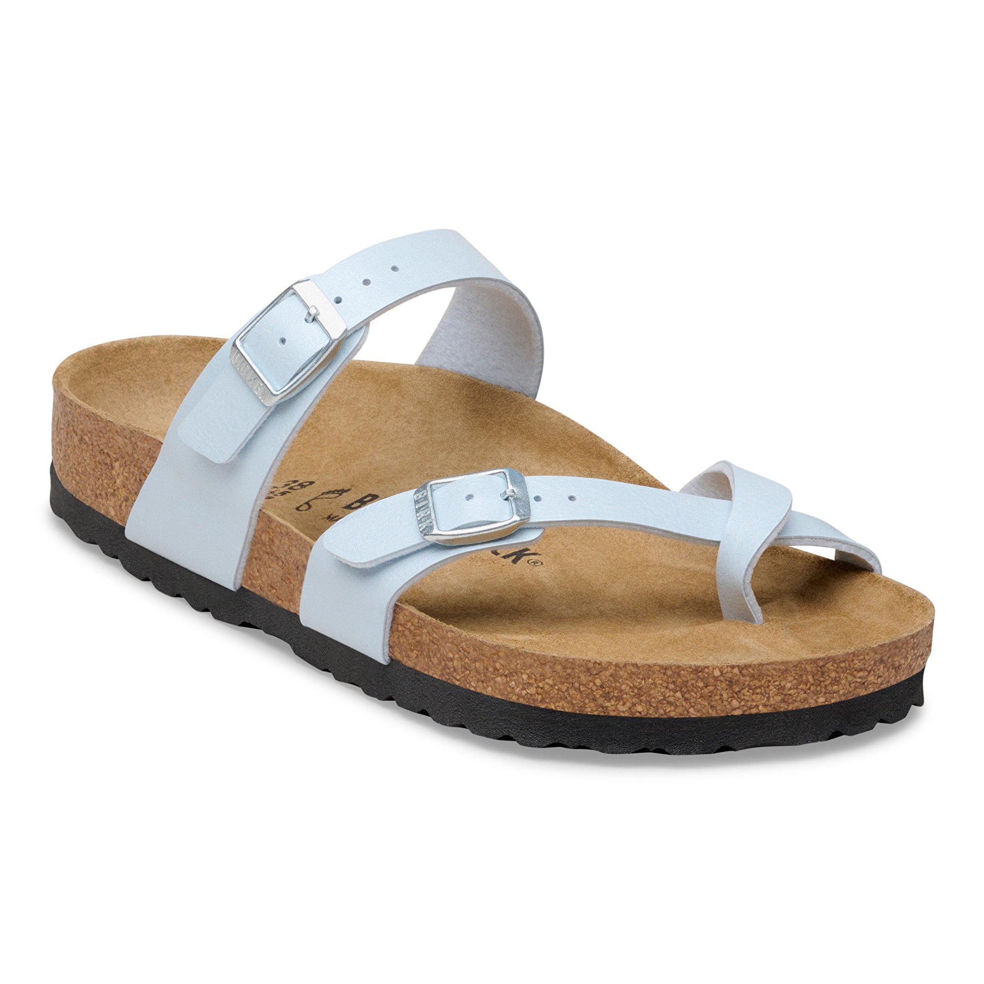 baby blue sandal with cork sole on a white background