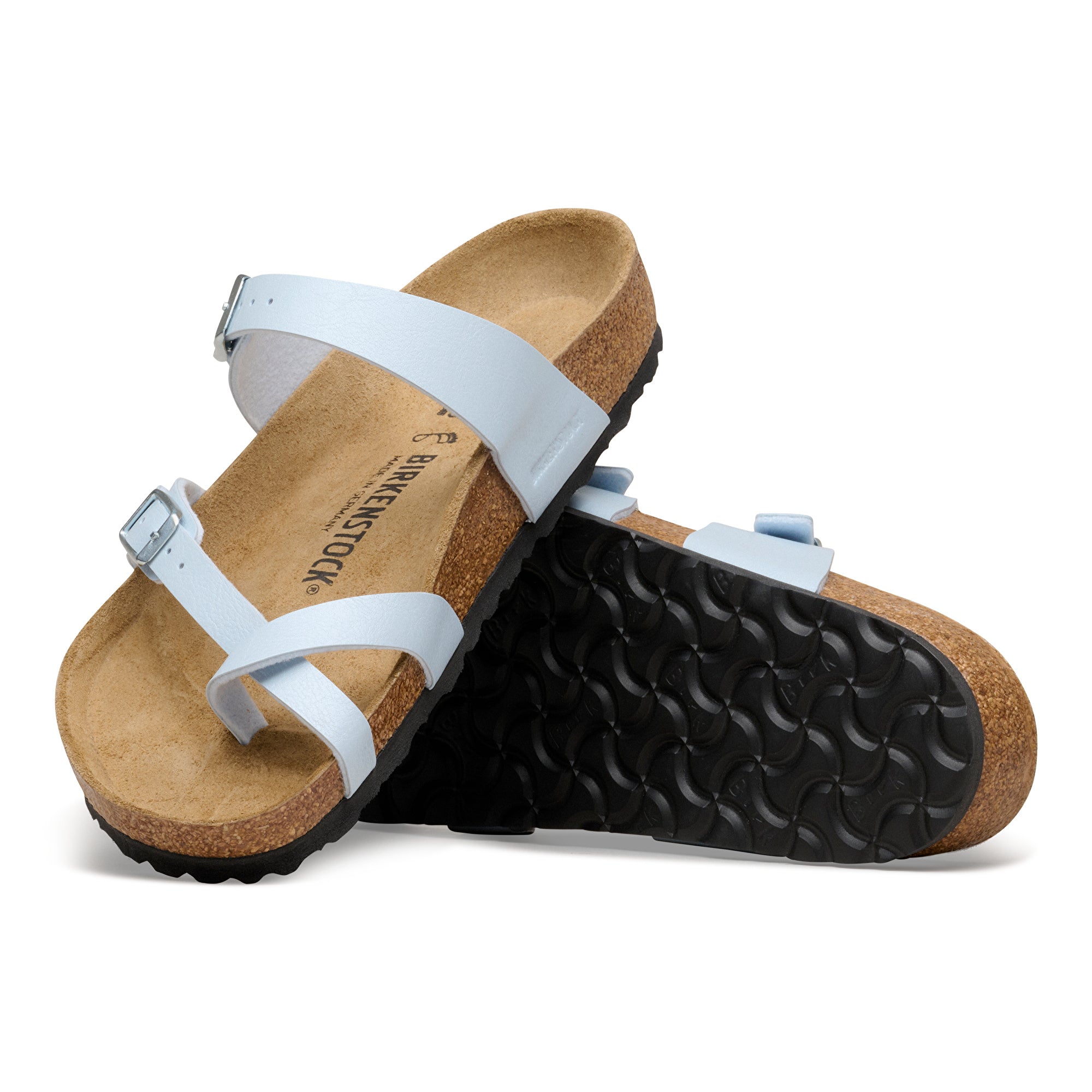 Pair of Birkenstock sandals with baby blue straps on a white background