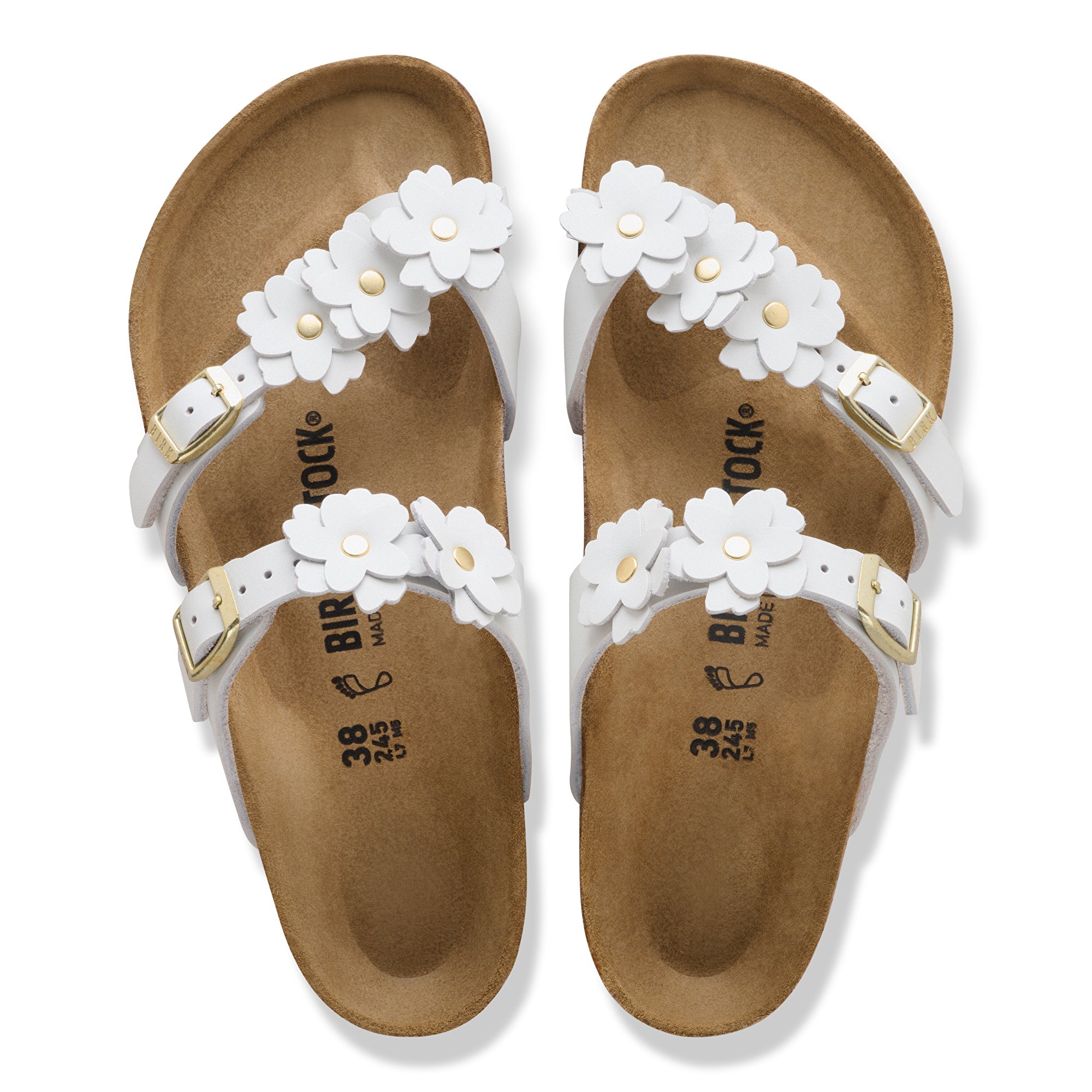 Pair of sandals with white floral straps on a white background