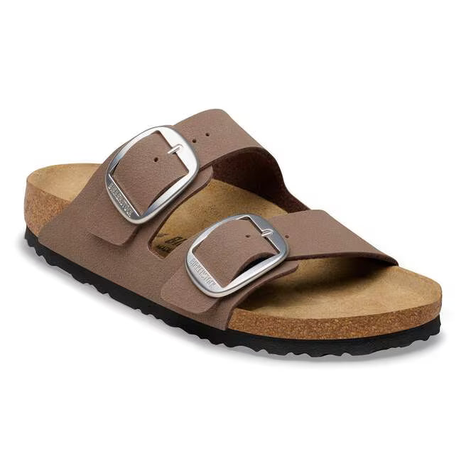 Brown sandal with two buckles on a white background