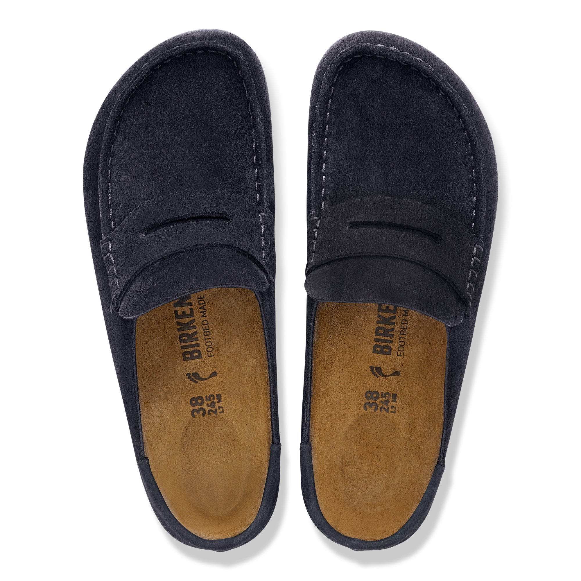 Pair of navy blue loafers with brown soles on a white background