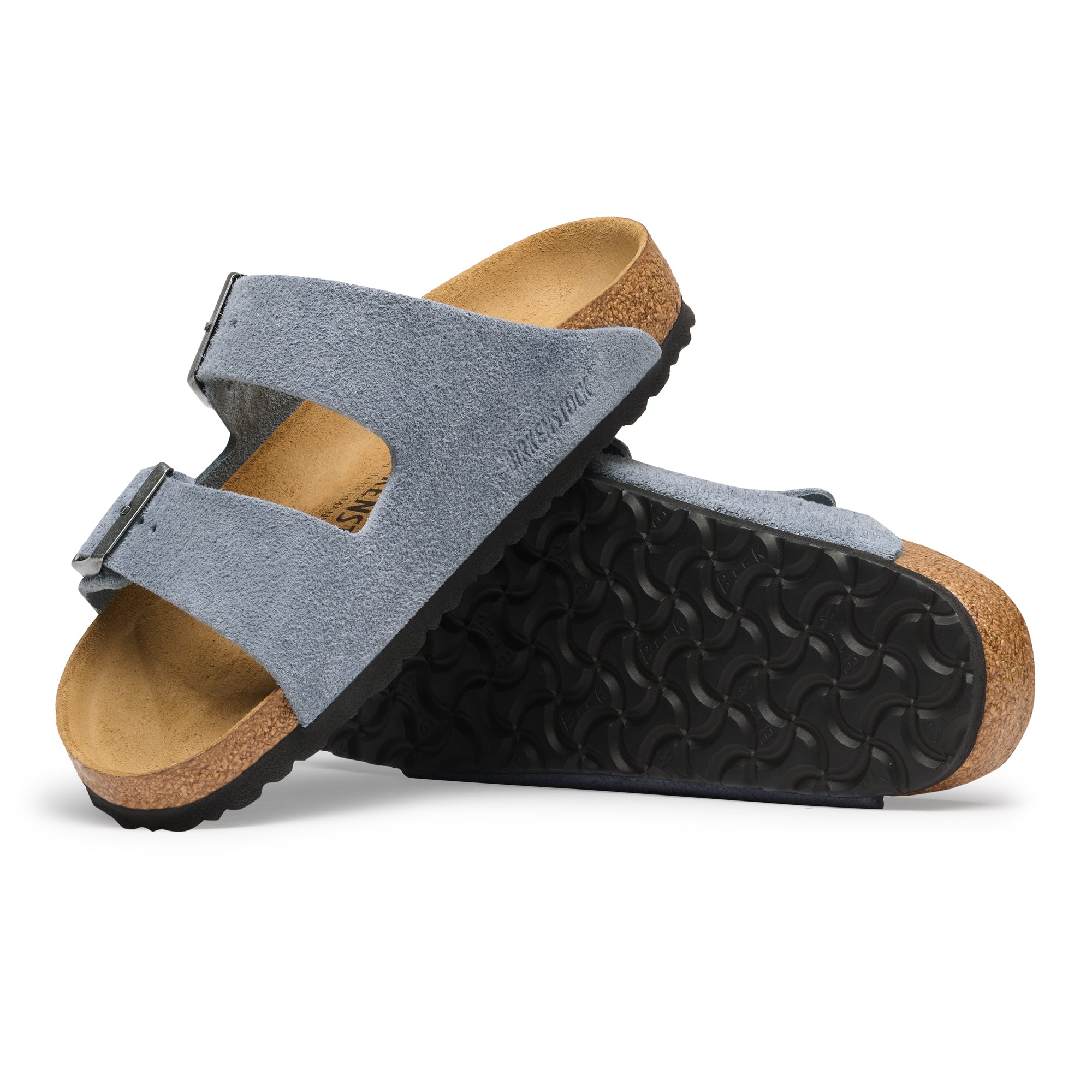 Pair of gray sandals with cork insoles on a white background