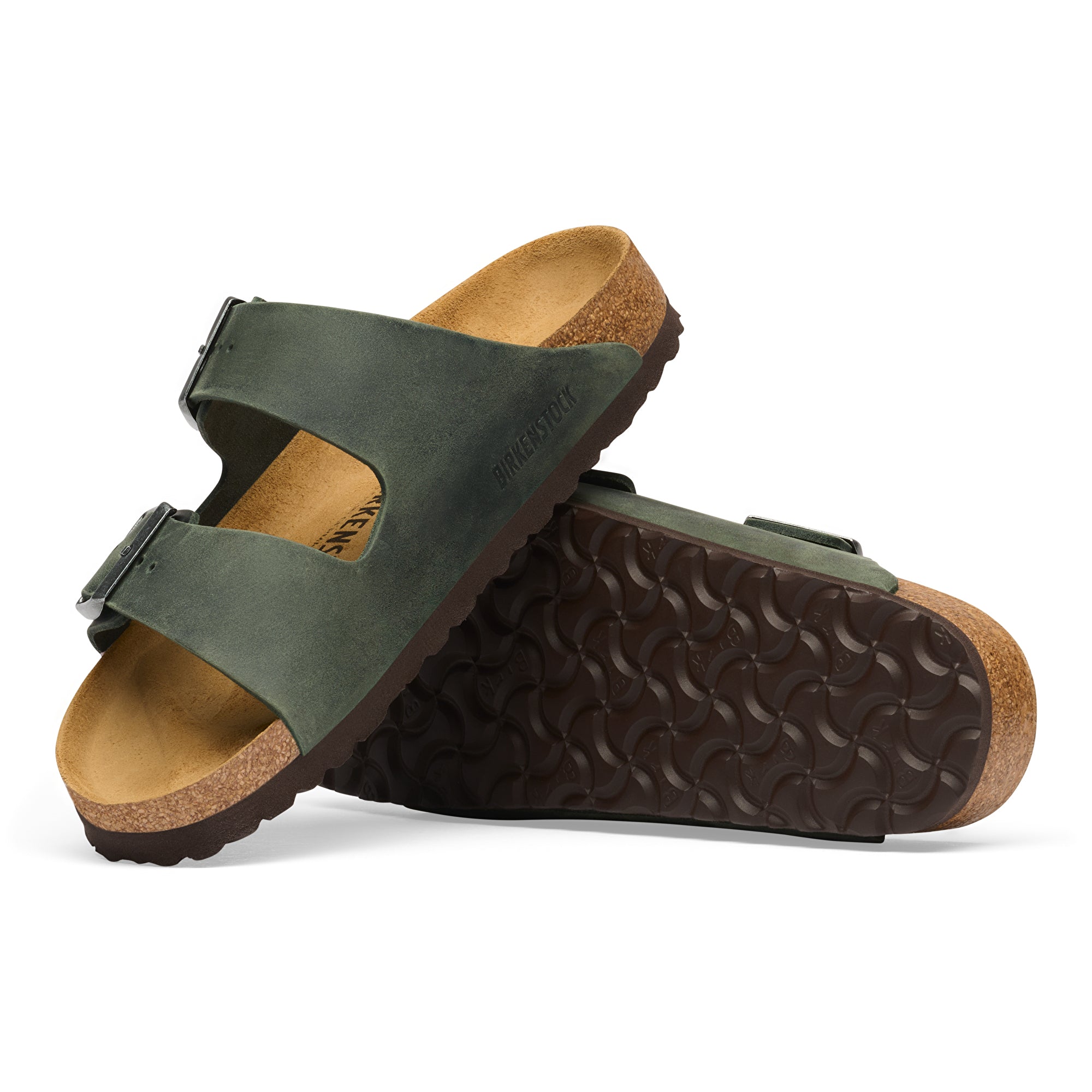 Green sandals with cork sole on a white background