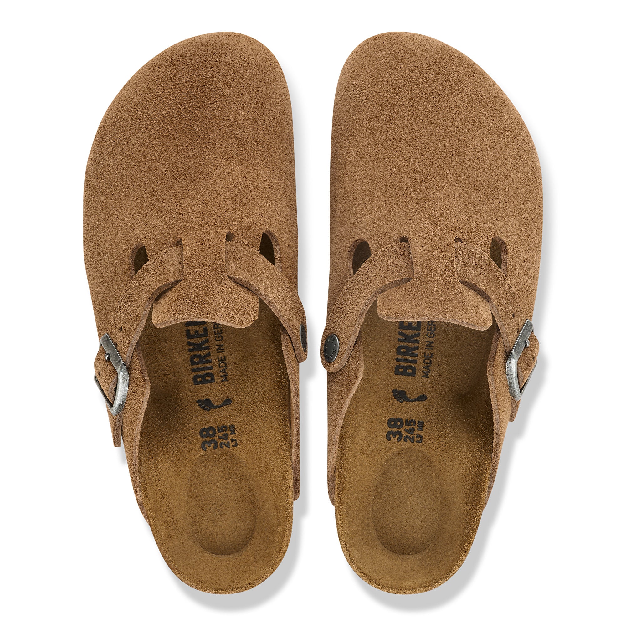 Pair of brown suede sandals with 'Birkenstock' branding on a white background