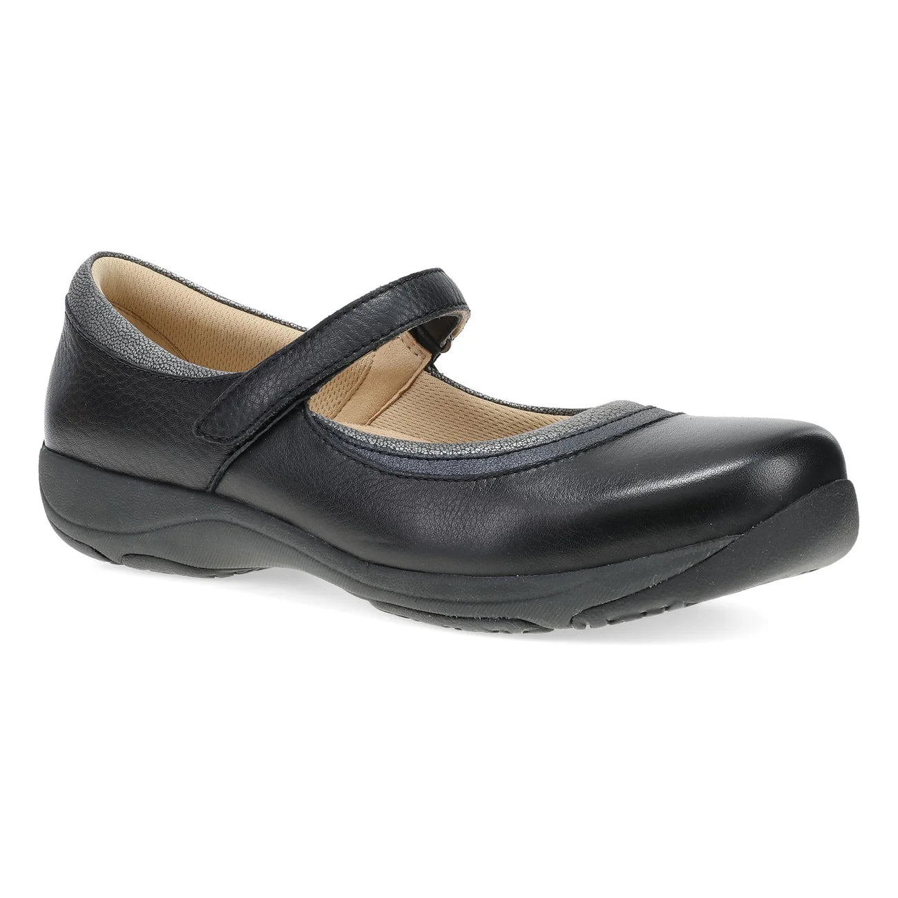 Black leather shoe with a strap on a white background