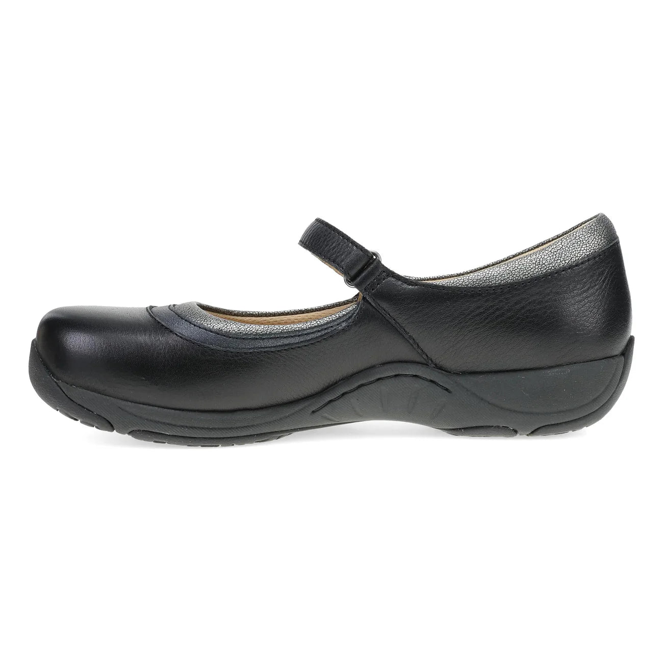 Black shoe with a strap on a white background