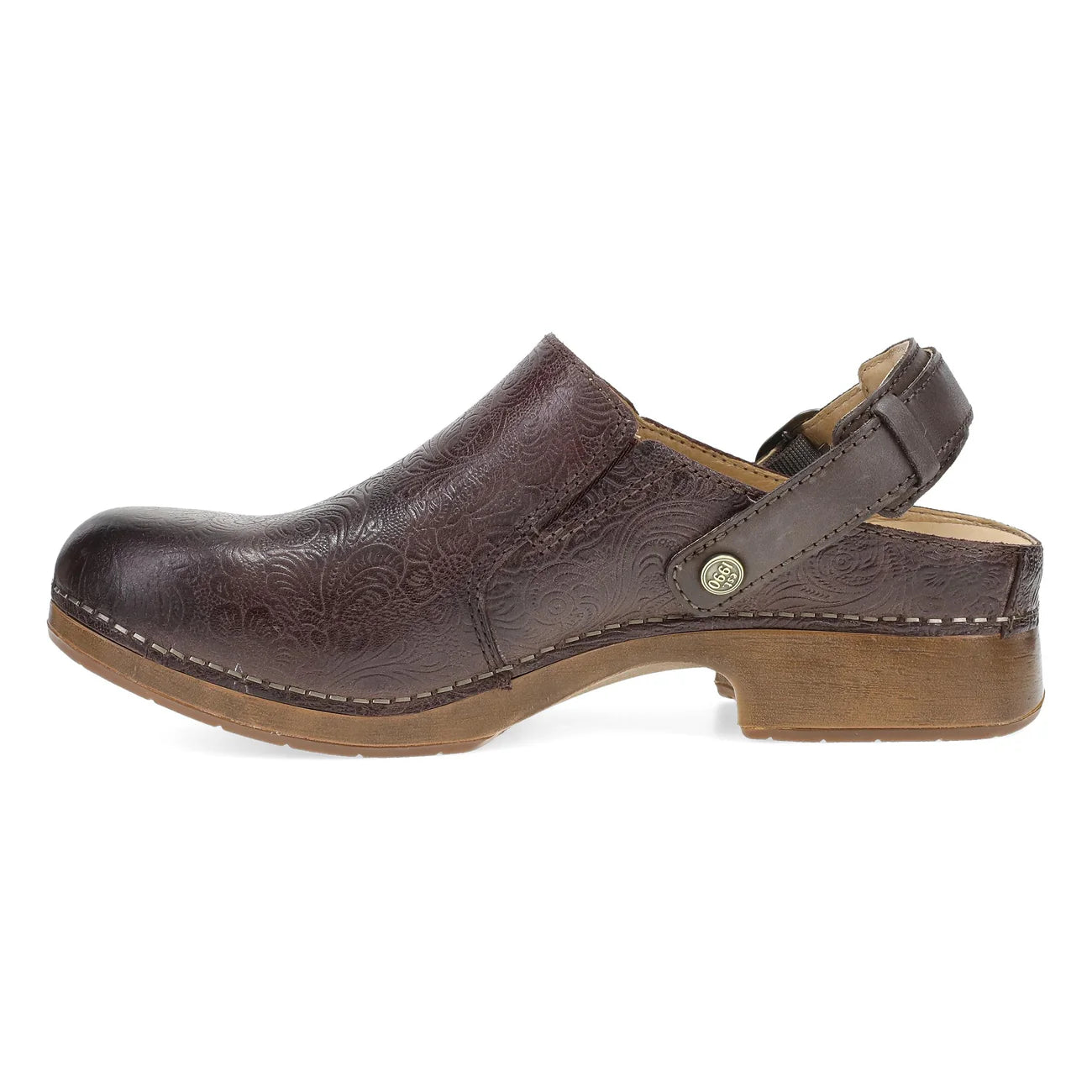 Brown leather clog shoe on a white background