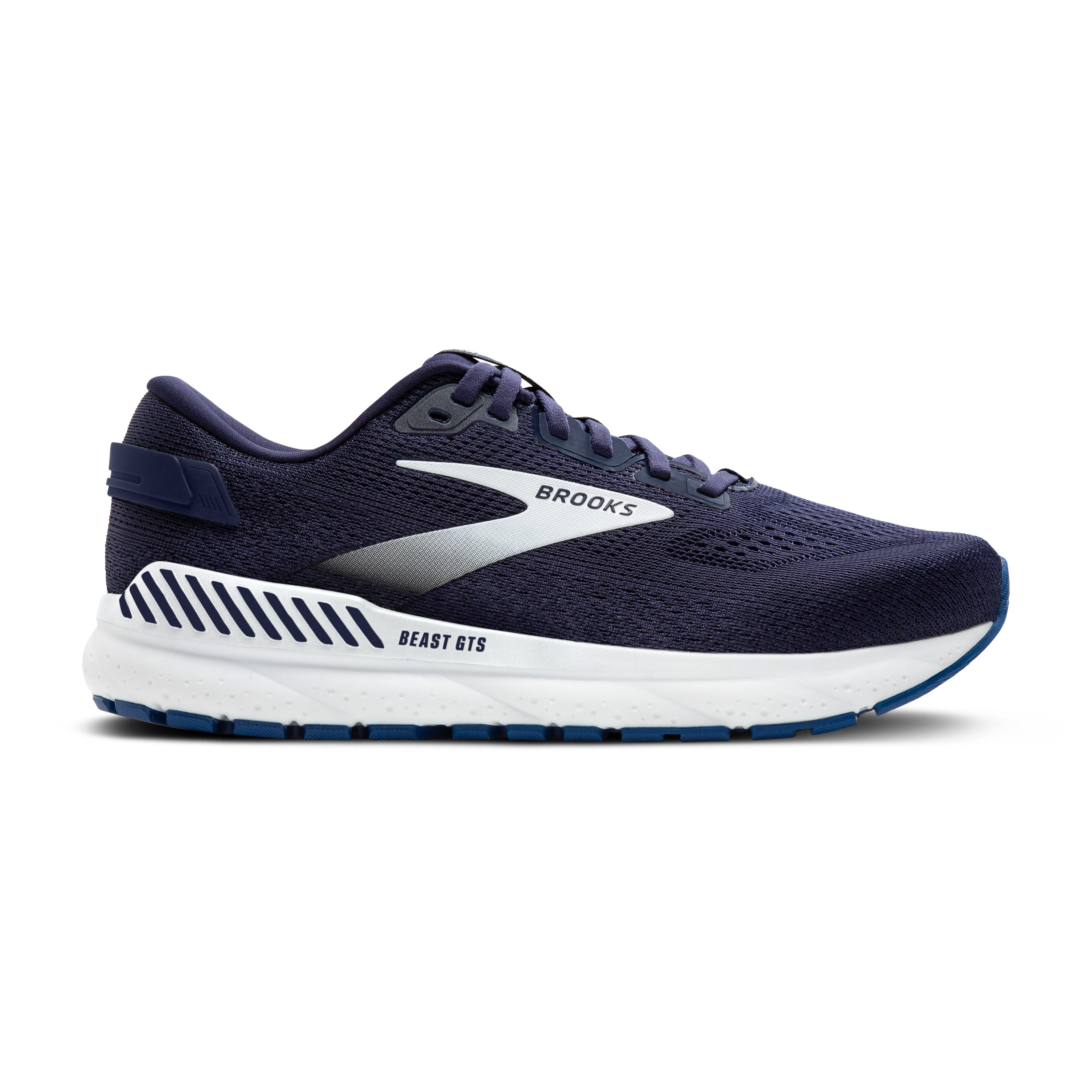 Navy running shoe with white sole on a white background