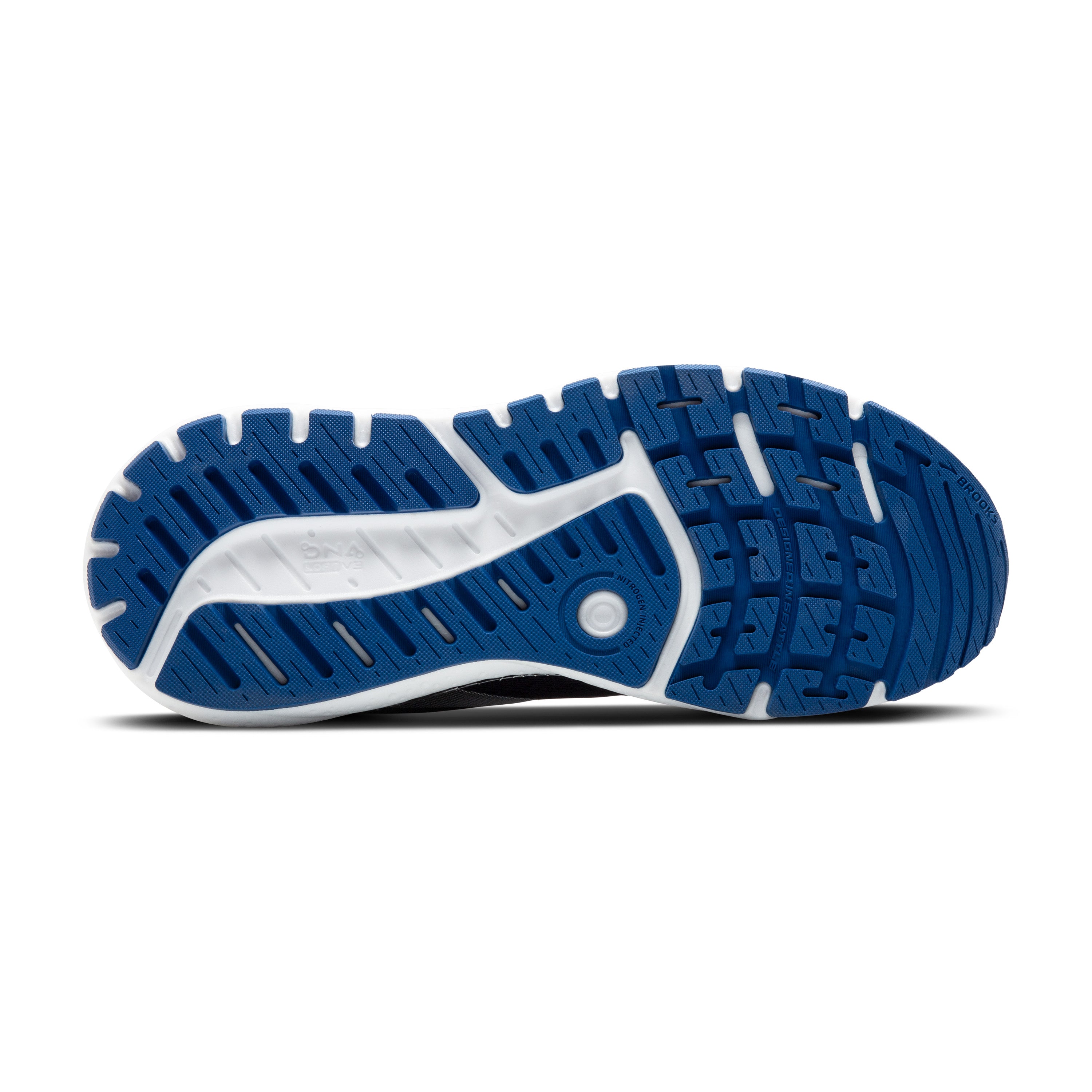 Blue and white athletic shoe sole on a white background