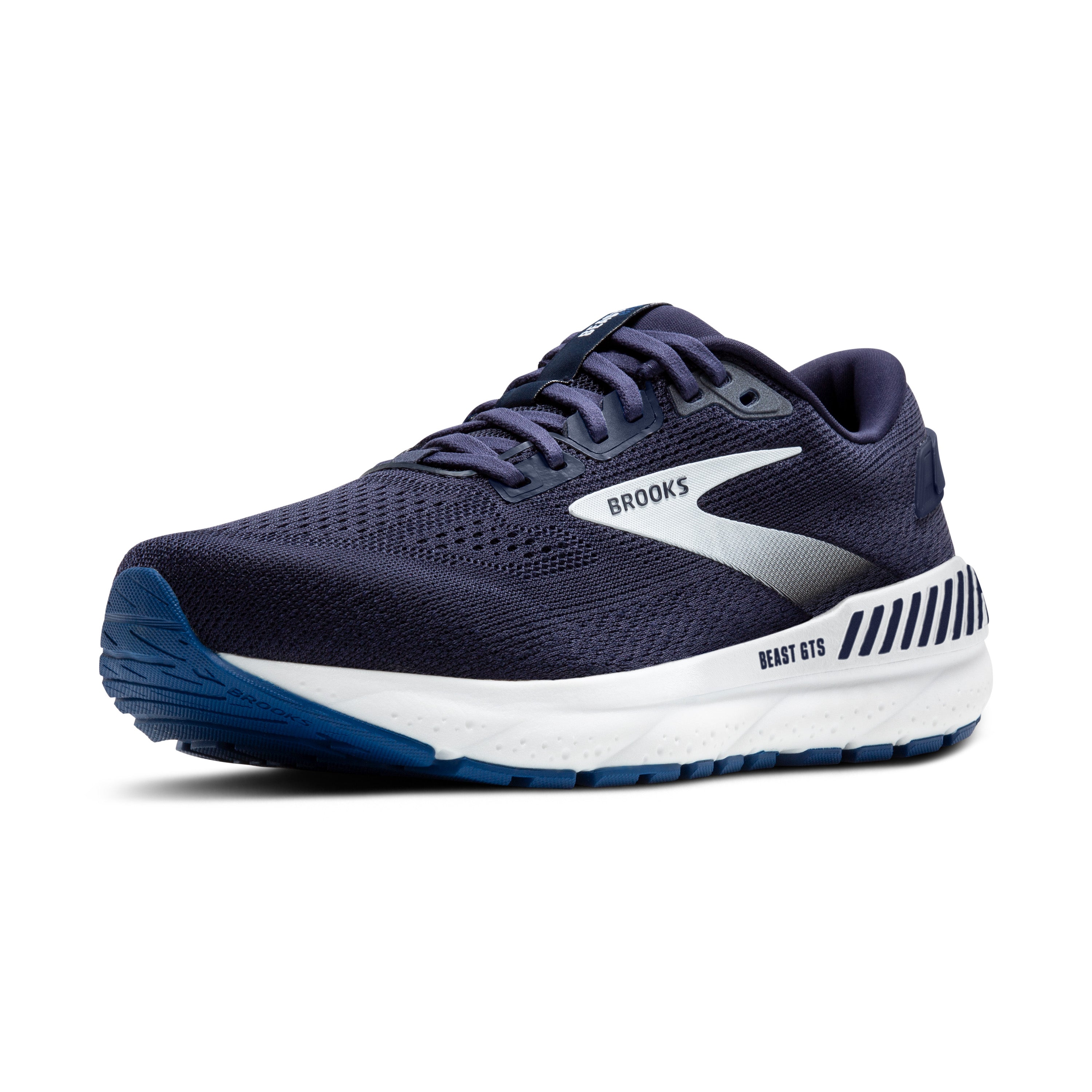Navy running shoe with white sole on a white background