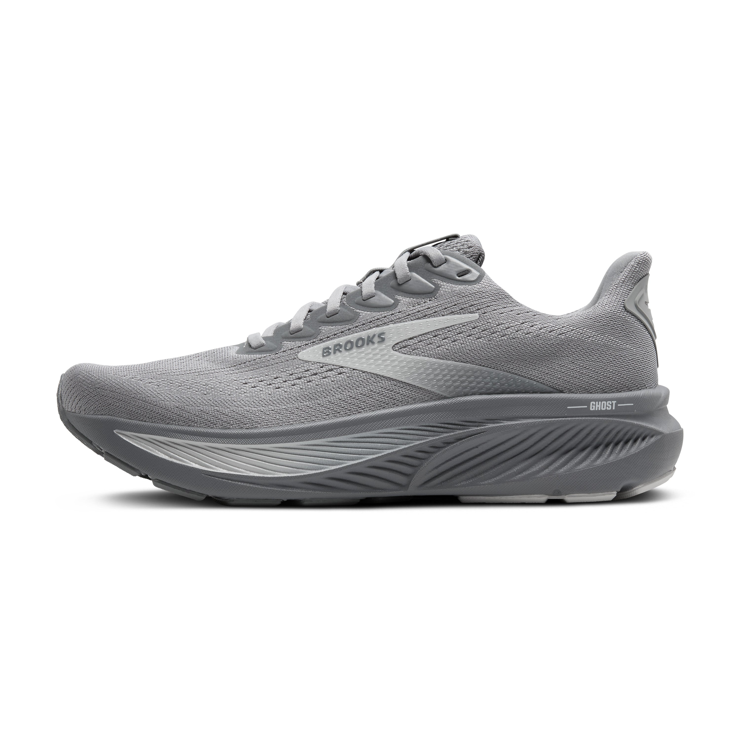 Gray running shoe with 'Brooks' branding on a white background