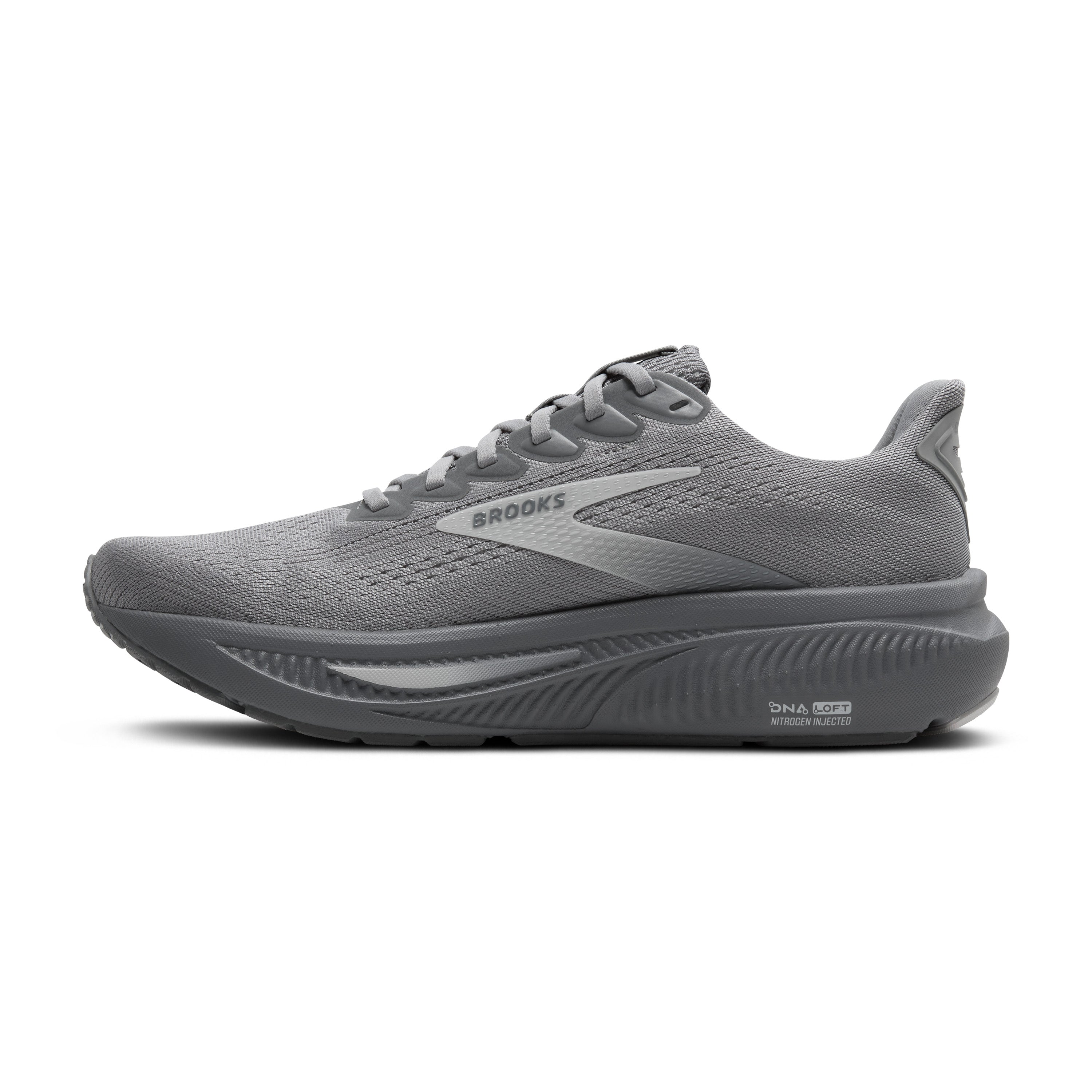 Gray running shoe with 'Brooks' branding on a white background