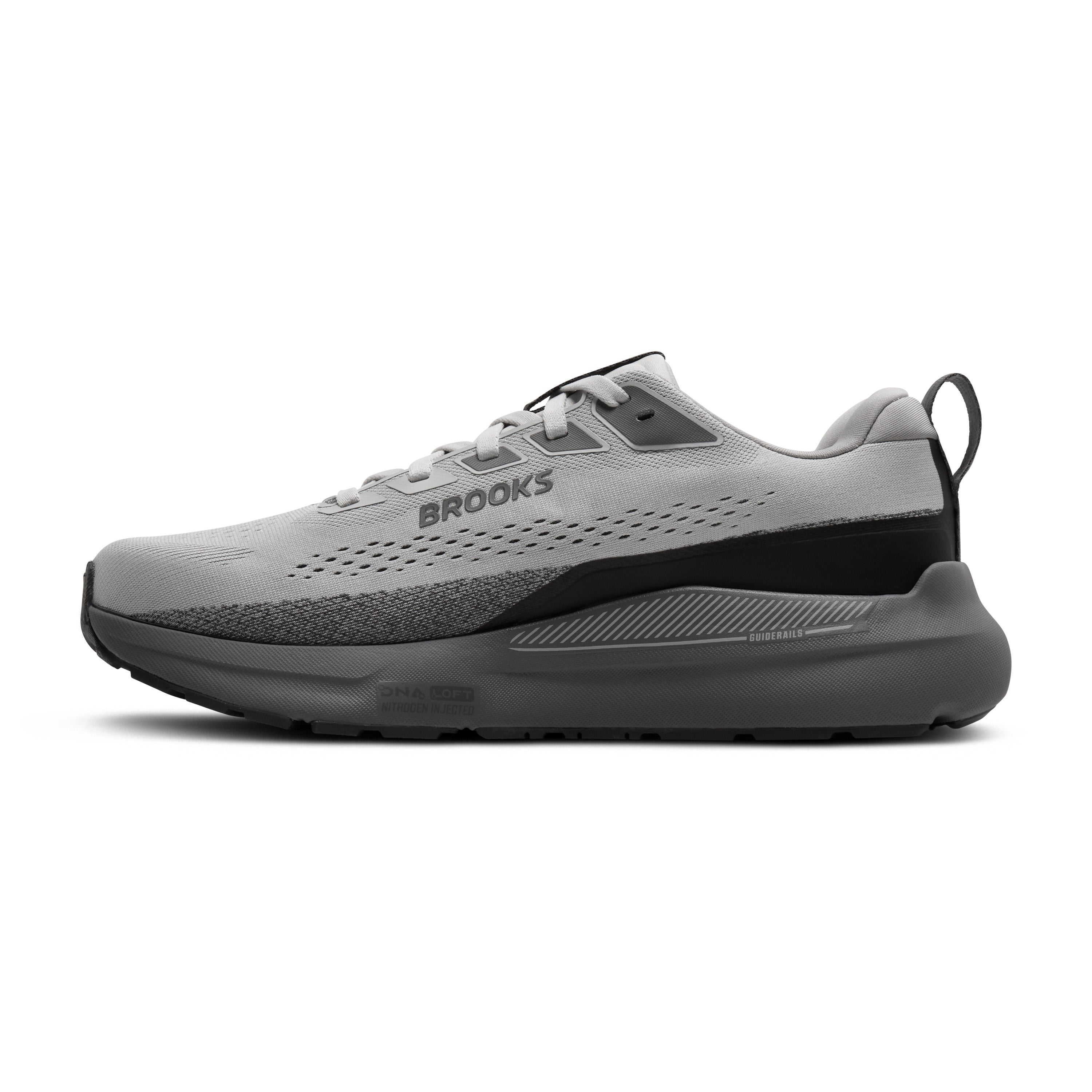 Gray running shoe with 'Brooks' branding on a white background
