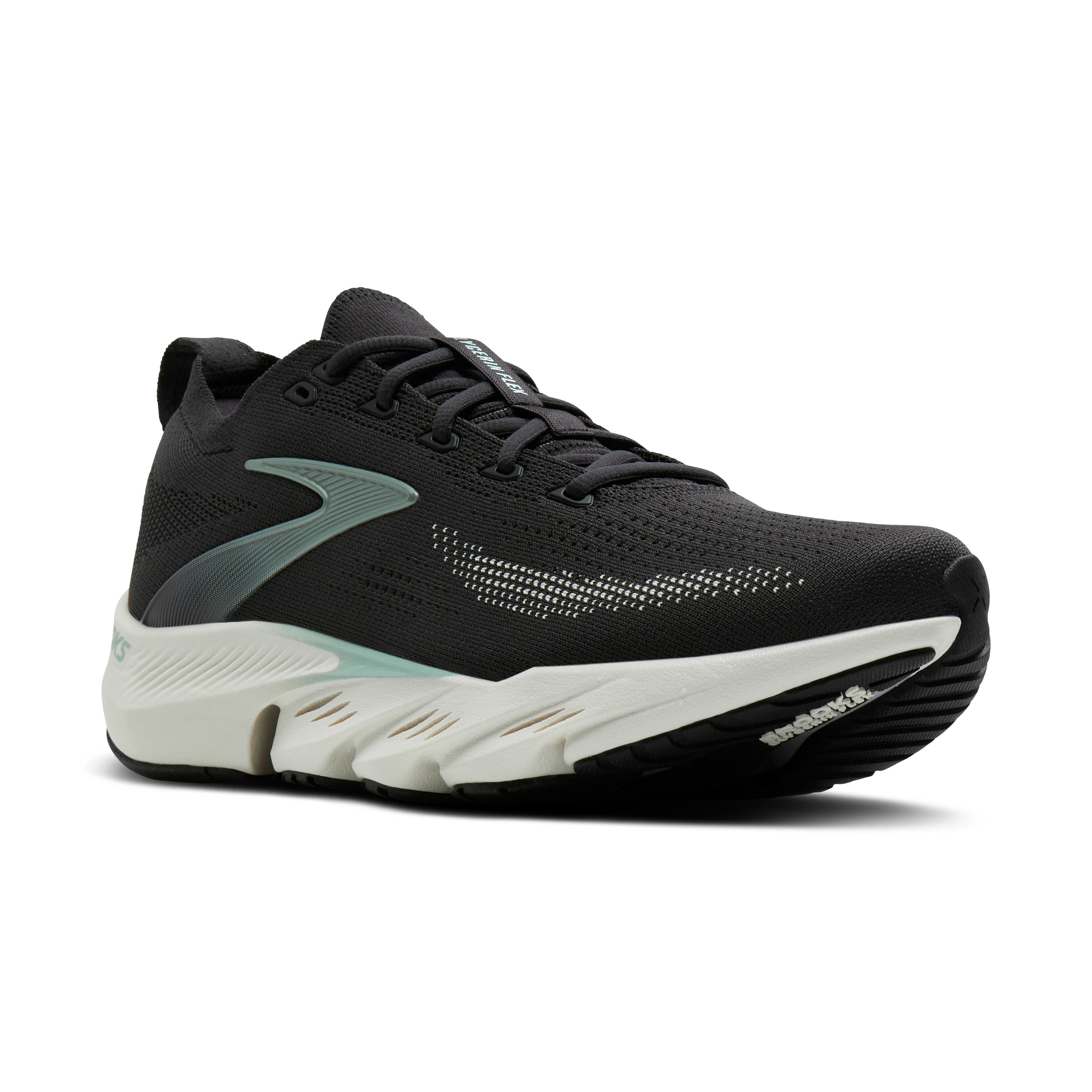 Black running shoe with white sole on a white background