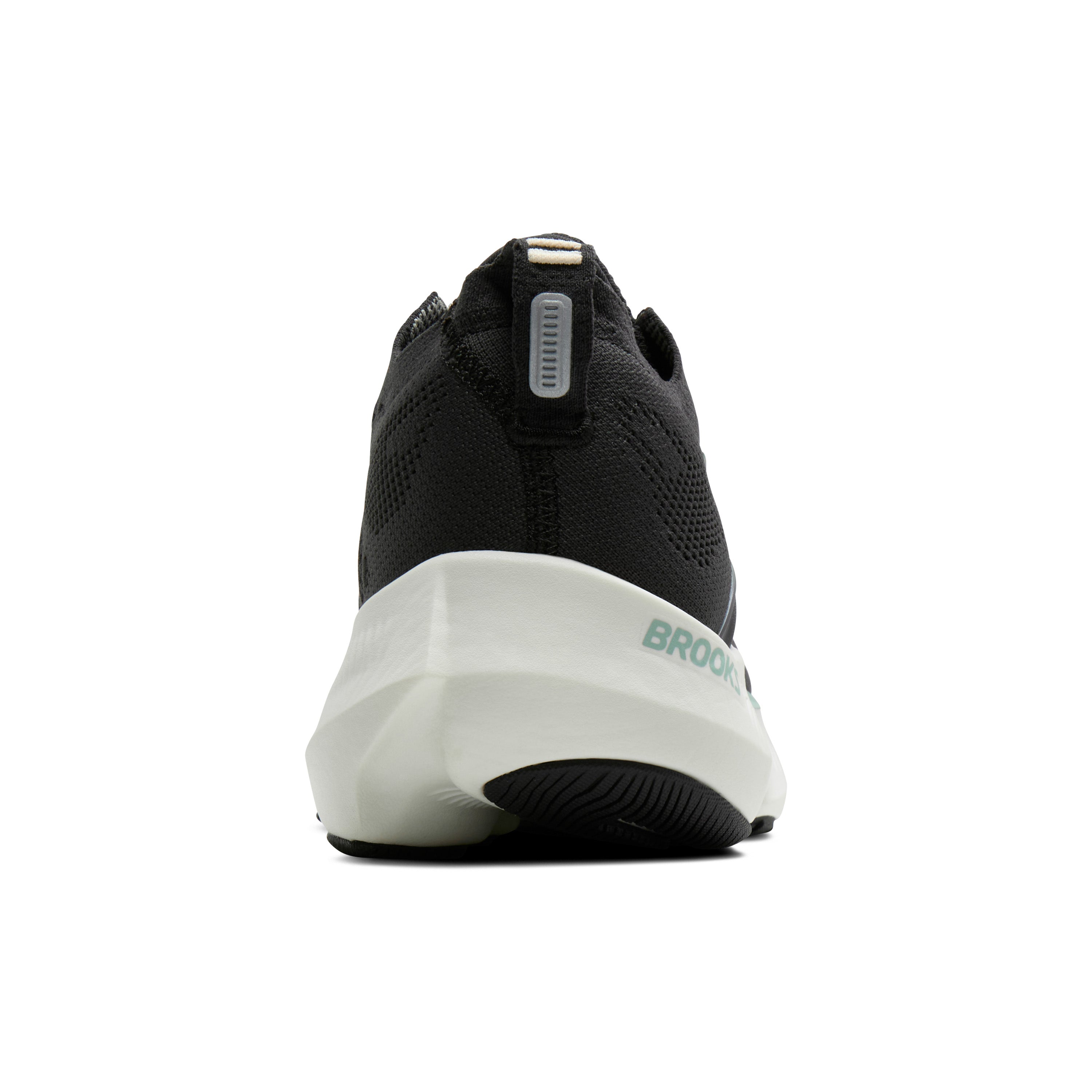 Black running shoe with white sole on a white background