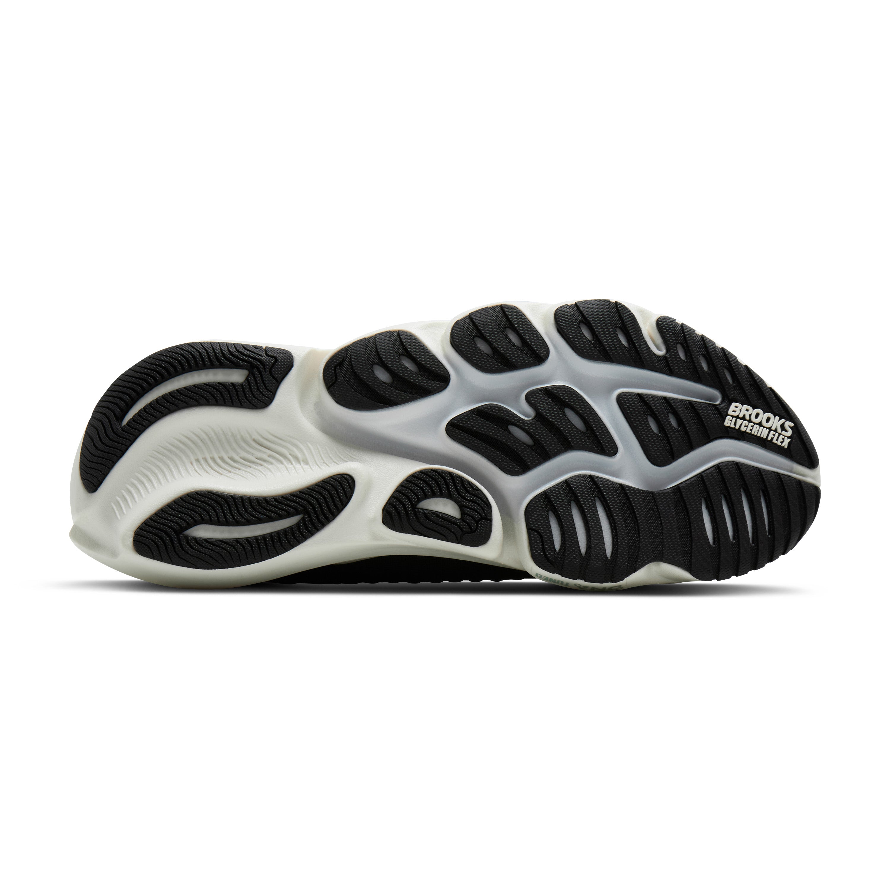 Black and white running shoe with 'Brooks' branding on a white background