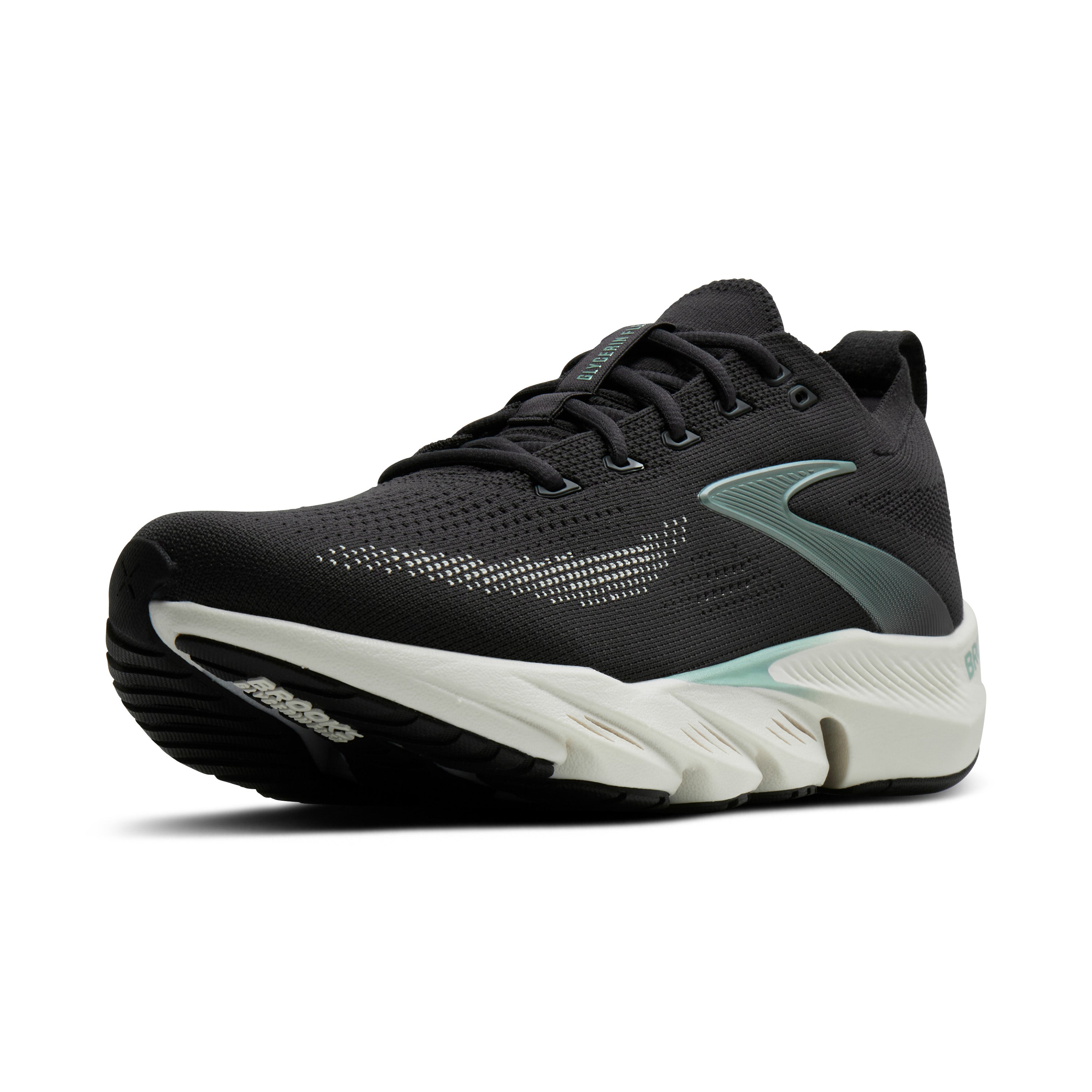 Black running shoe with white sole on a white background