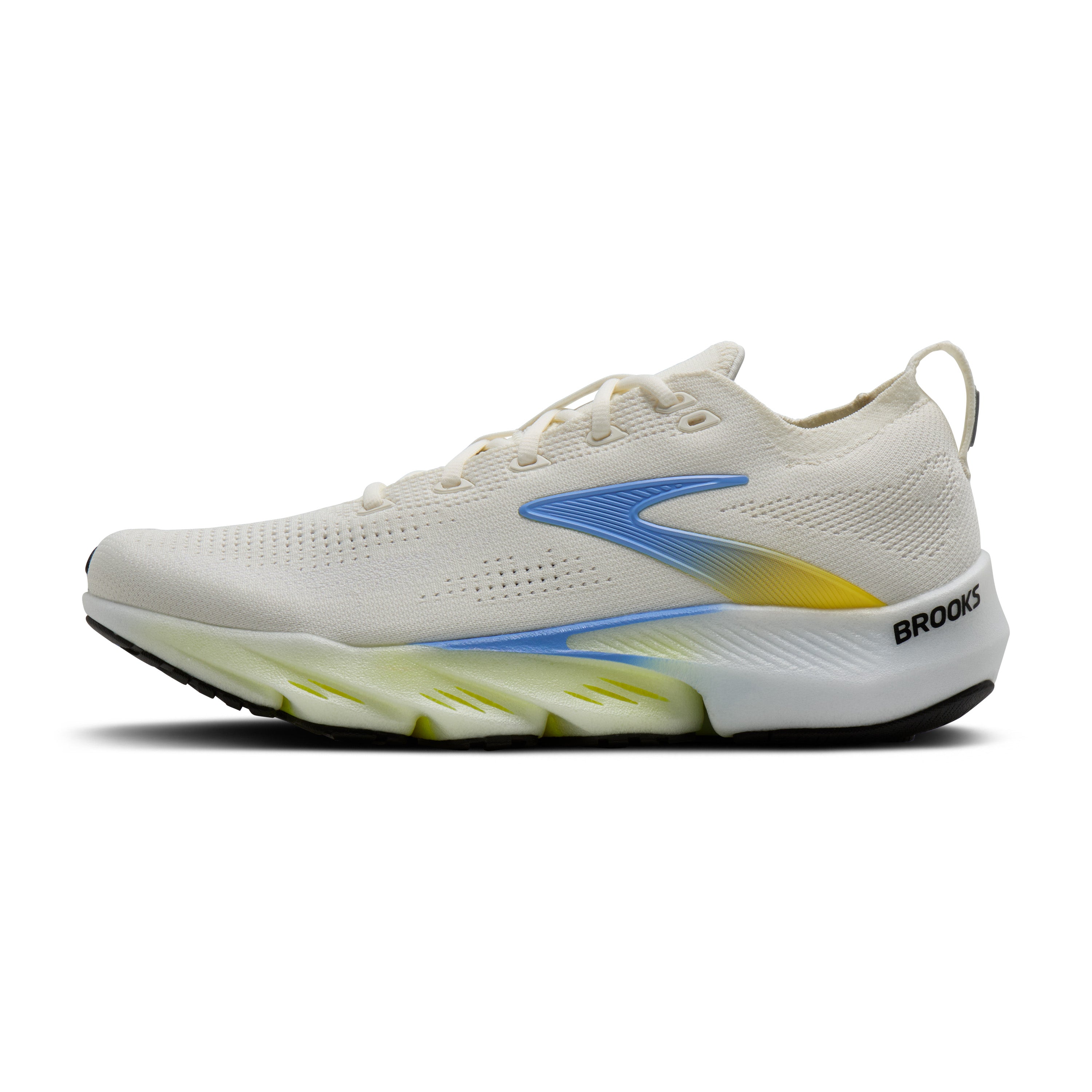White running shoe with blue accents on a white background