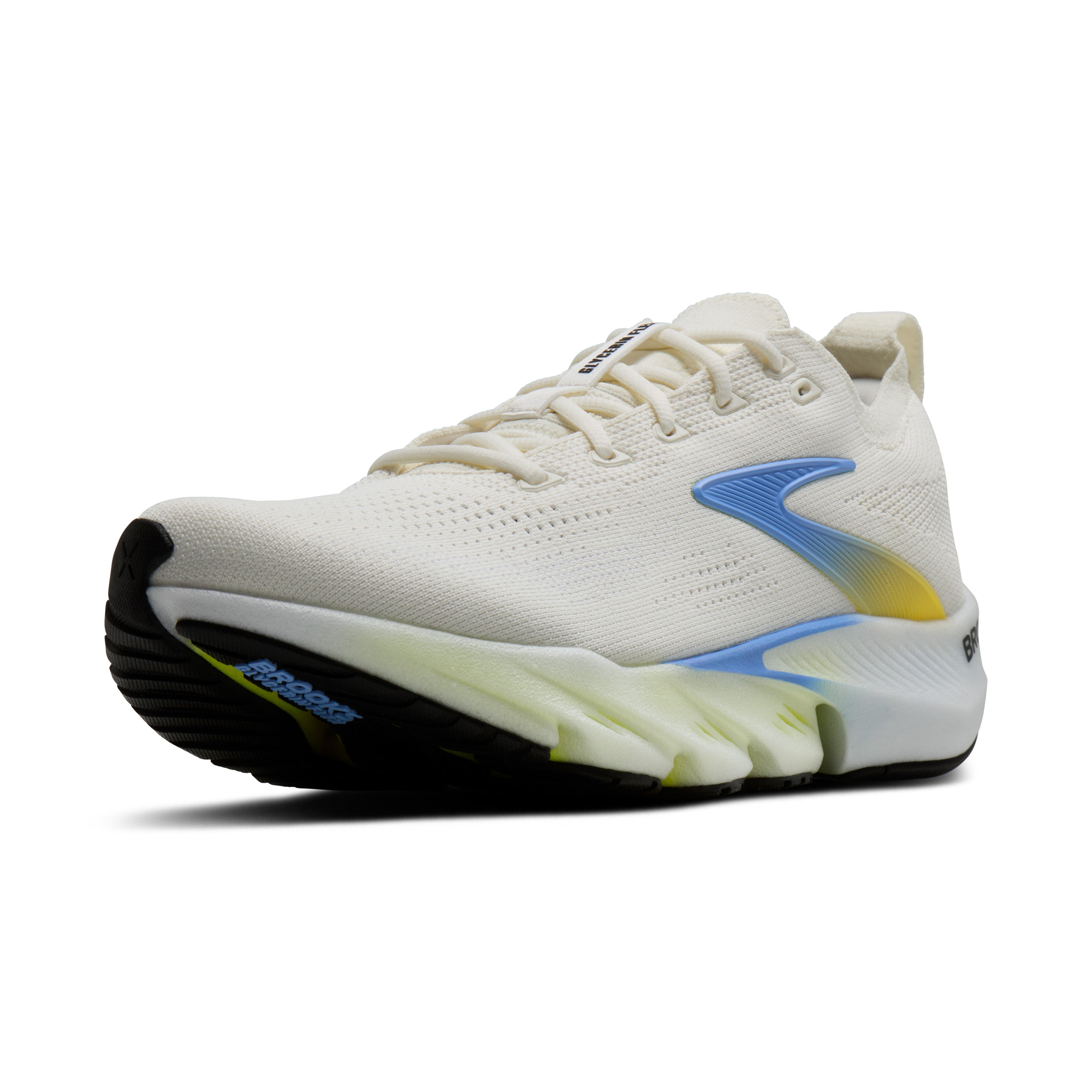 White running shoe with blue accents on a white background