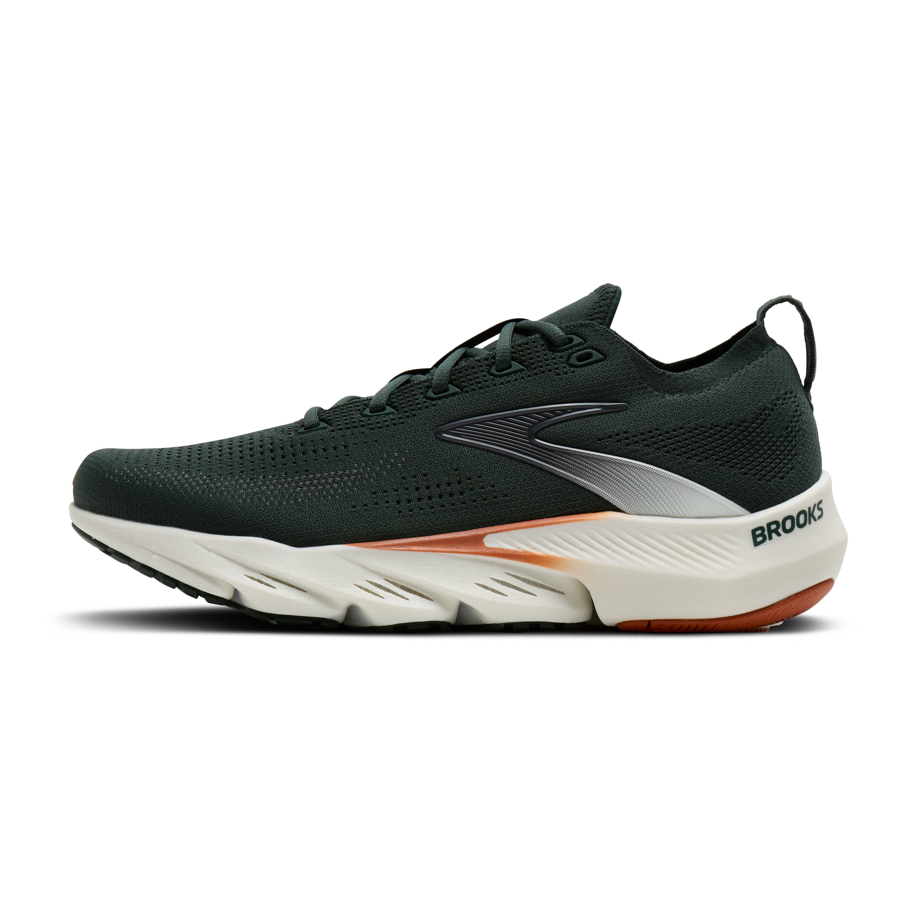 Brooks running shoe in dark forest green with a white midsole, orange accent stripe, and a metallic silver logo on the side, shown against a plain white background.