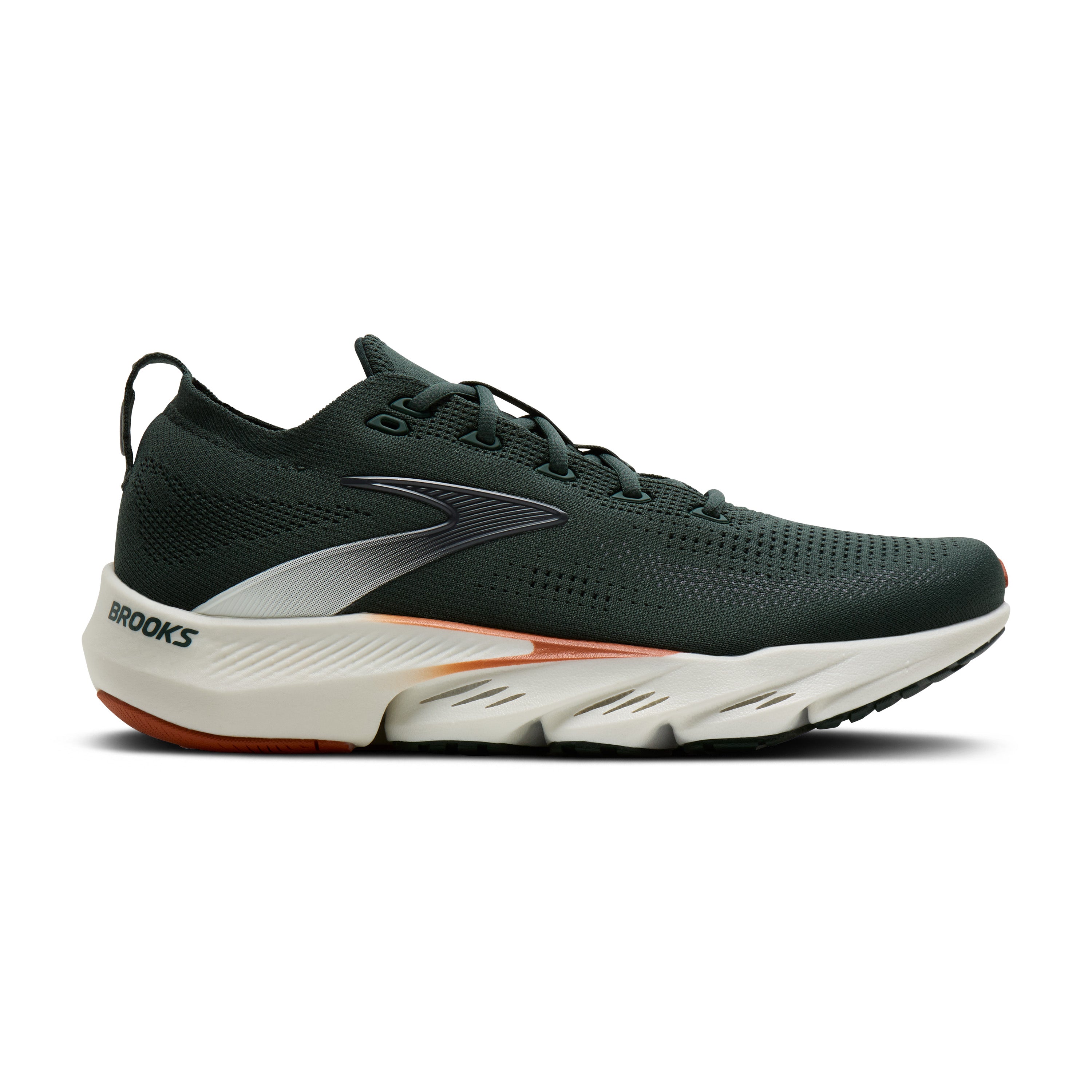green running shoe with white sole on a white background