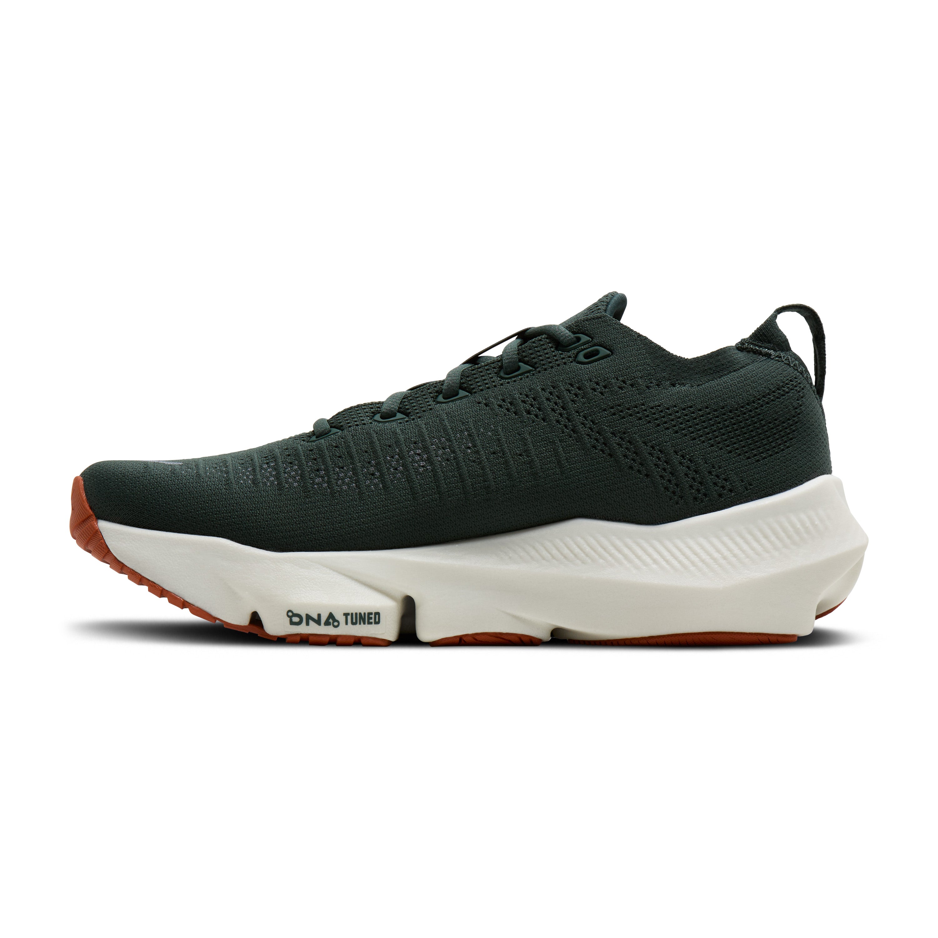 green running shoe with white sole on a white background